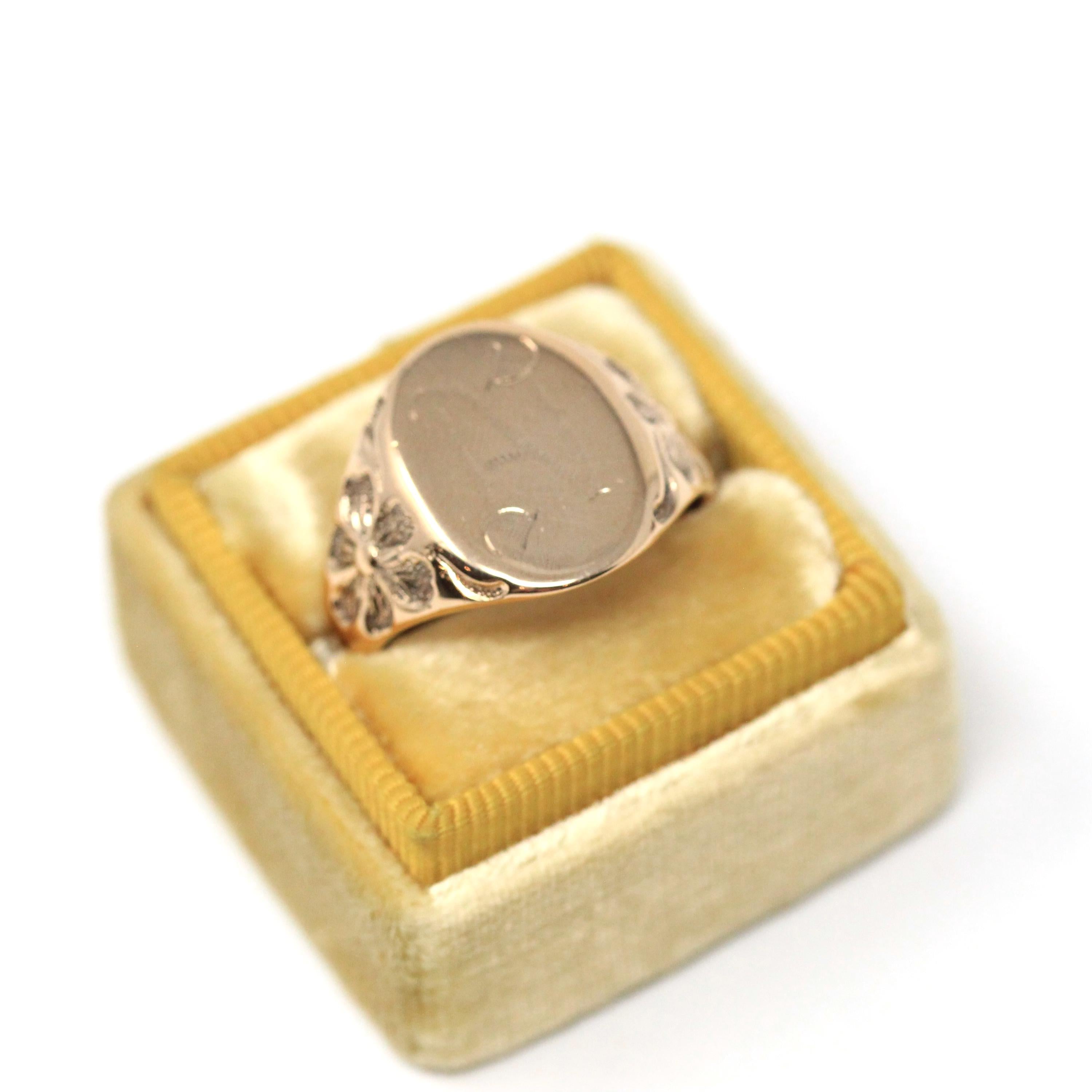 Ostby & Barton Signet Ring - Edwardian Era 10k Gold Oval Letter "N" Men's Unisex Flower Statement - Antique 1900s Size 8 1/4 Fine Jewelry