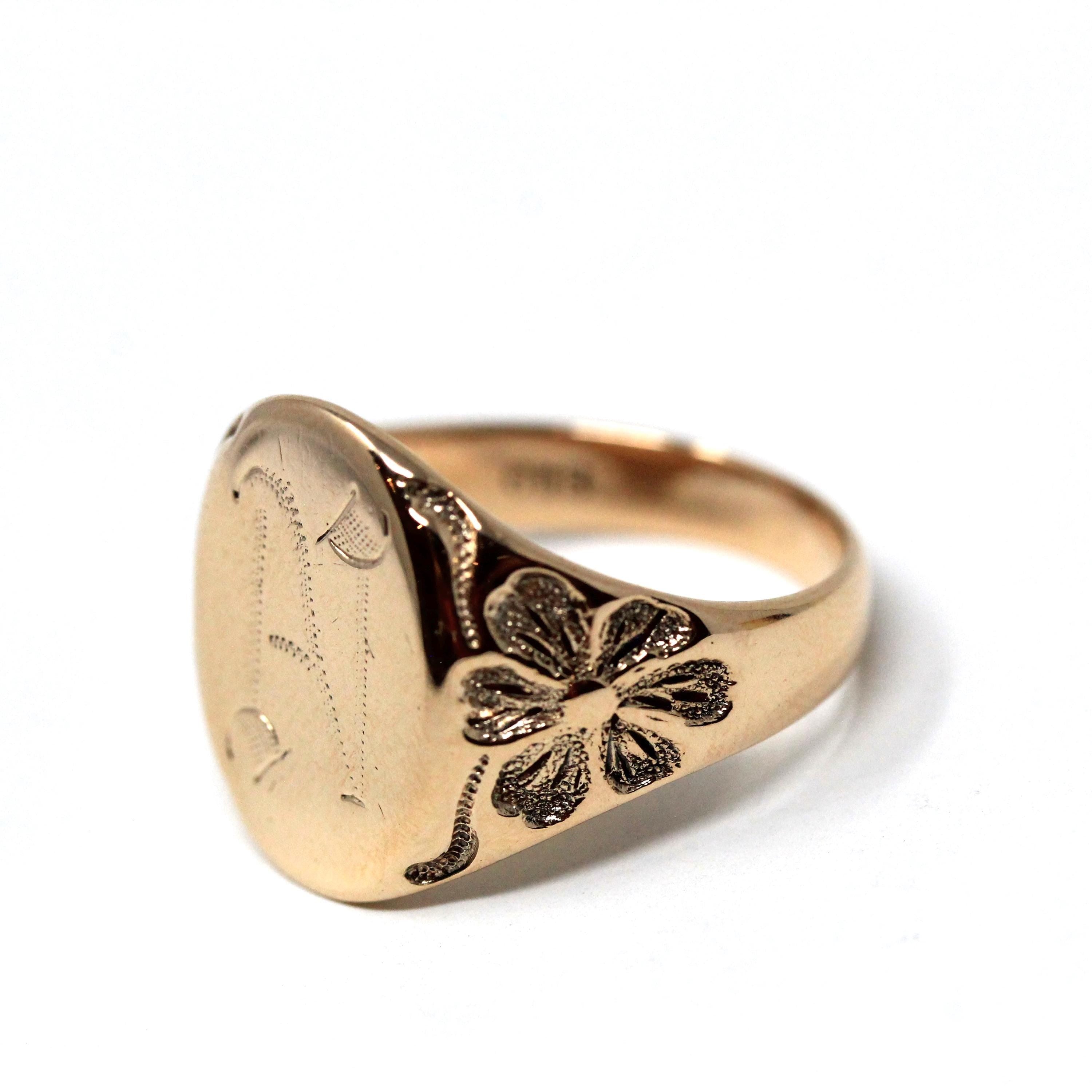 Ostby & Barton Signet Ring - Edwardian Era 10k Gold Oval Letter "N" Men's Unisex Flower Statement - Antique 1900s Size 8 1/4 Fine Jewelry
