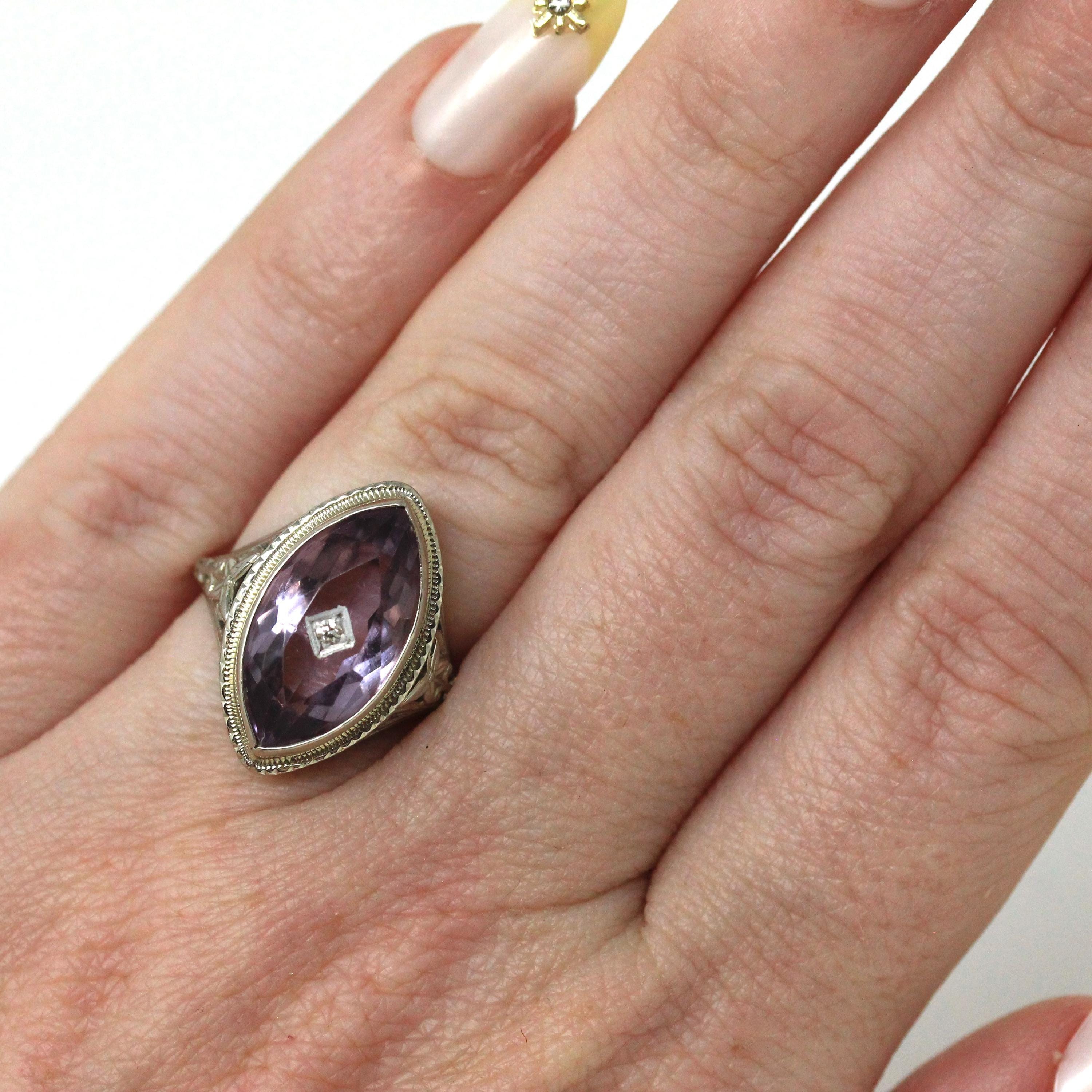 Amethyst & Diamond Ring - Art Deco 18k White Gold Marquise Cut Purple Gemstone Flower - Circa 1930s Era Size 4 1/4 Statement Fine Jewelry