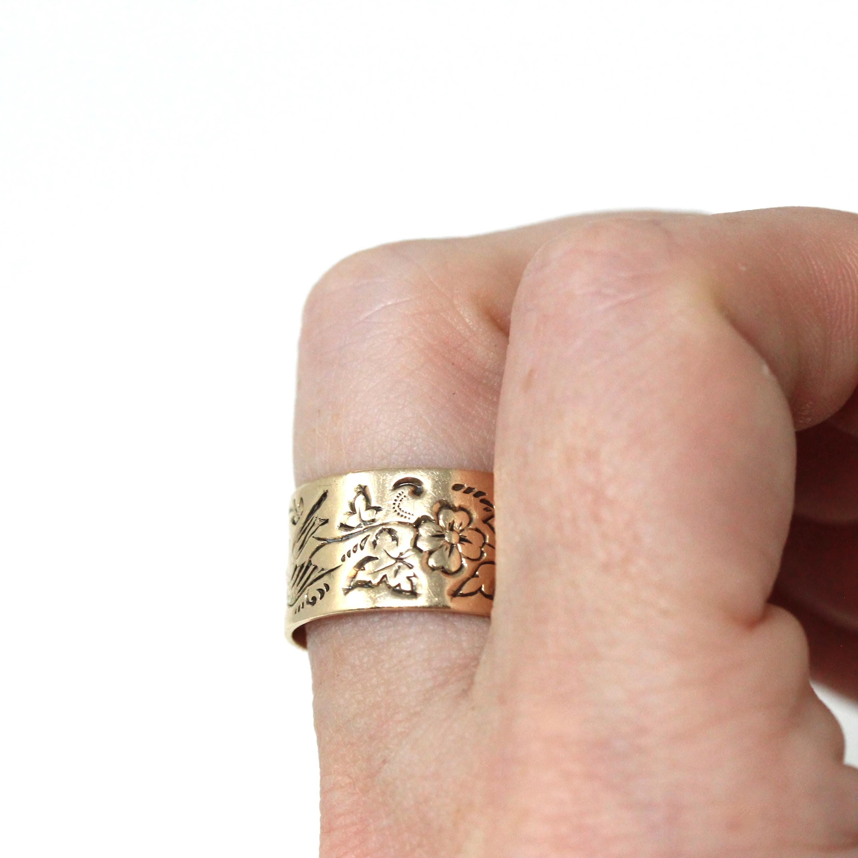 Antique Cigar Band - Edwardian 10k Rosy Yellow Gold Nature Inspired Bird Flower Ring - Circa 1900s Size 6 1/2 Fine Unisex Statement Jewelry