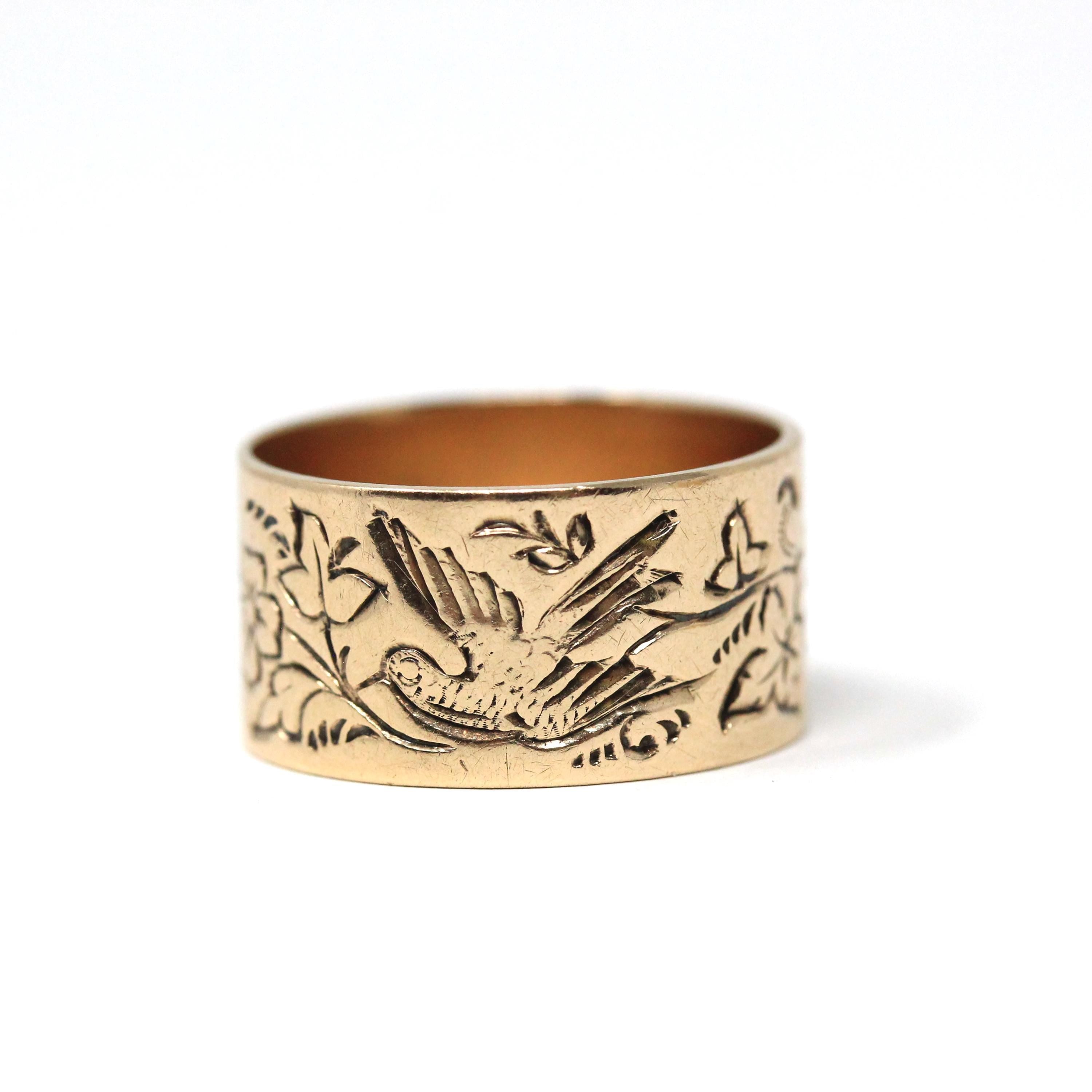 Antique Cigar Band - Edwardian 10k Rosy Yellow Gold Nature Inspired Bird Flower Ring - Circa 1900s Size 6 1/2 Fine Unisex Statement Jewelry