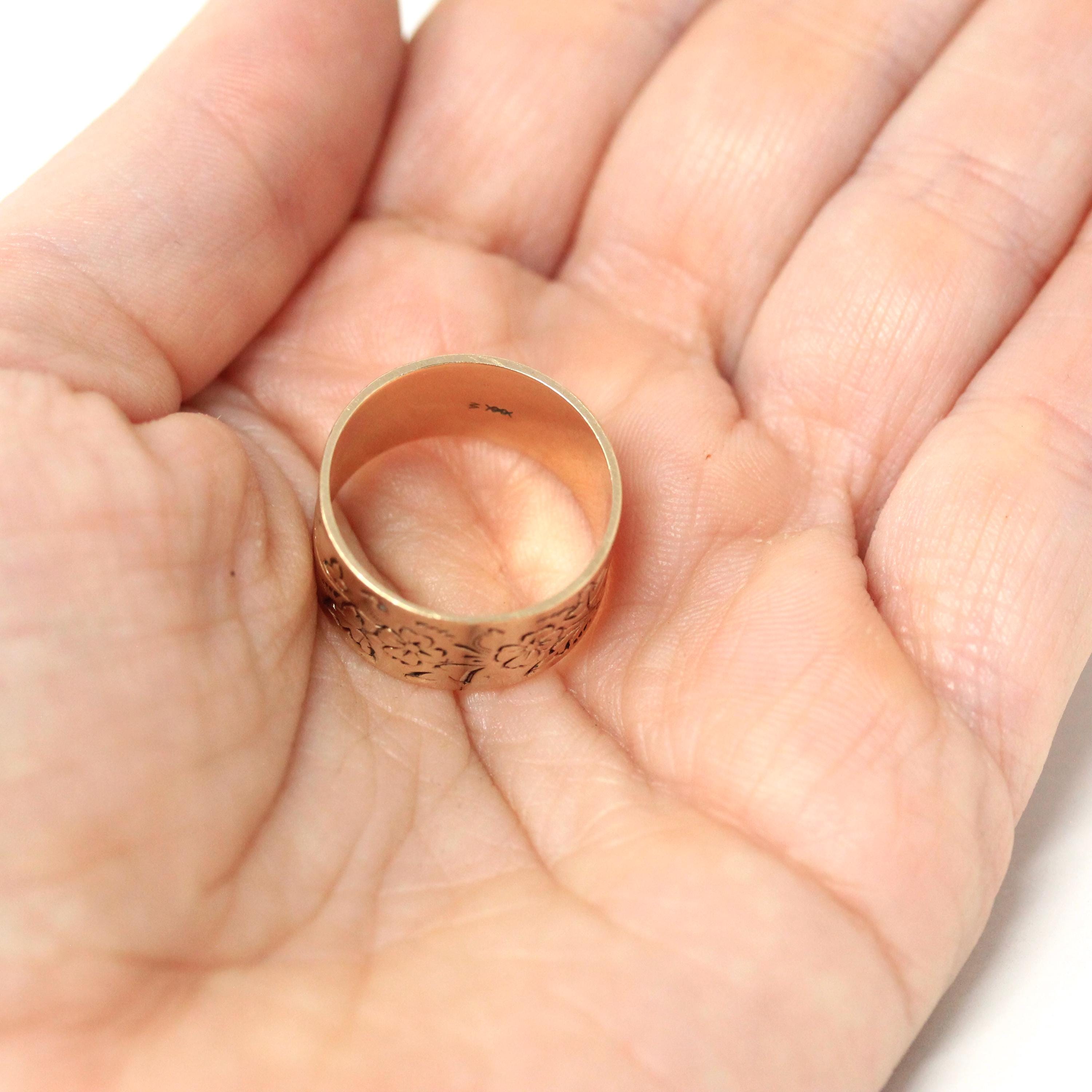 Antique Cigar Band - Edwardian 10k Rosy Yellow Gold Nature Inspired Bird Flower Ring - Circa 1900s Size 6 1/2 Fine Unisex Statement Jewelry