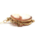 Vintage Cameo Necklace - Mid Century 10k Yellow Gold Carved Shell Woman's Profile Pendant - Circa 1950s Era Statement Brooch Fine Jewelry
