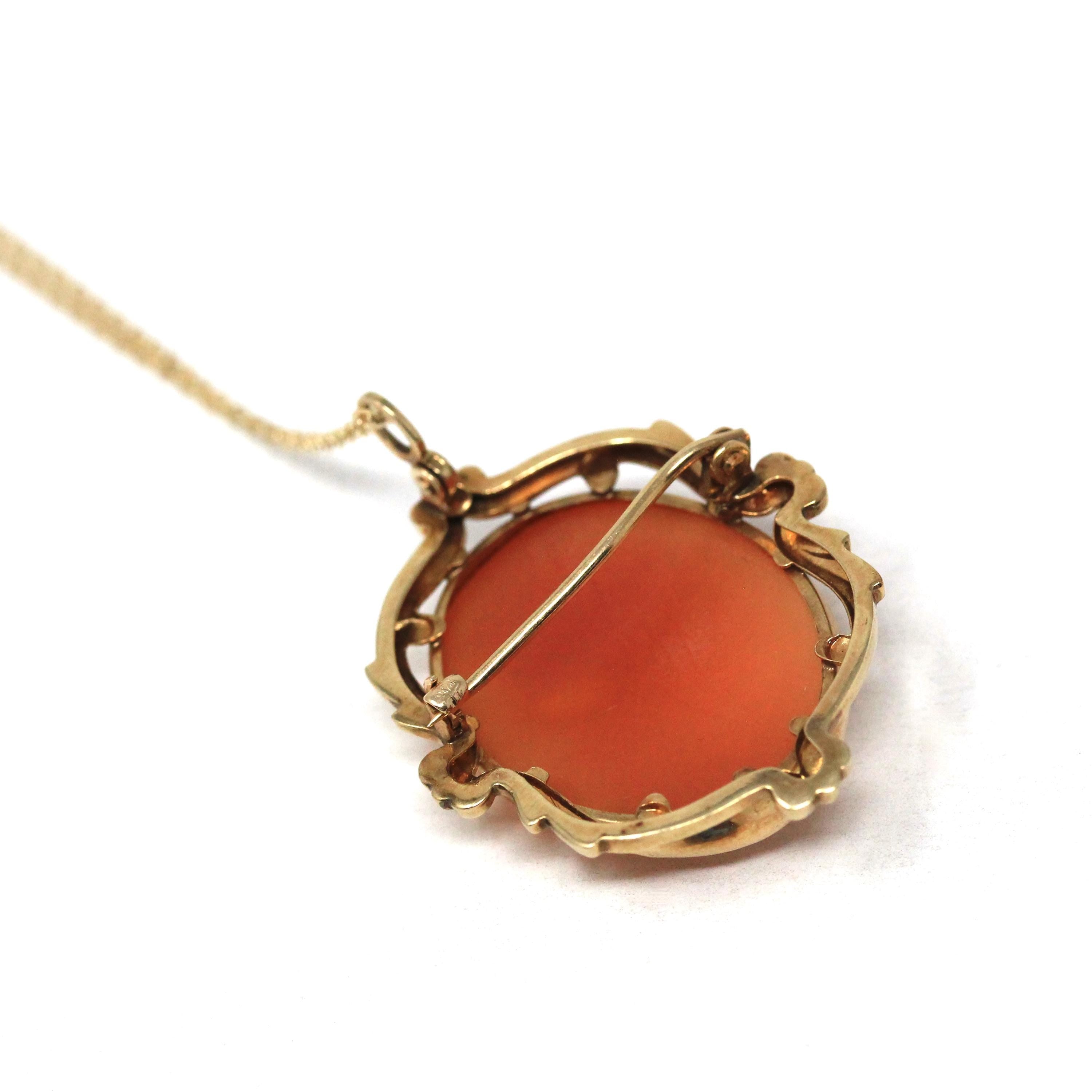 Vintage Cameo Necklace - Mid Century 10k Yellow Gold Carved Shell Woman's Profile Pendant - Circa 1950s Era Statement Brooch Fine Jewelry