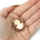 Vintage Cameo Necklace - Mid Century 10k Yellow Gold Carved Shell Woman's Profile Pendant - Circa 1950s Era Statement Brooch Fine Jewelry