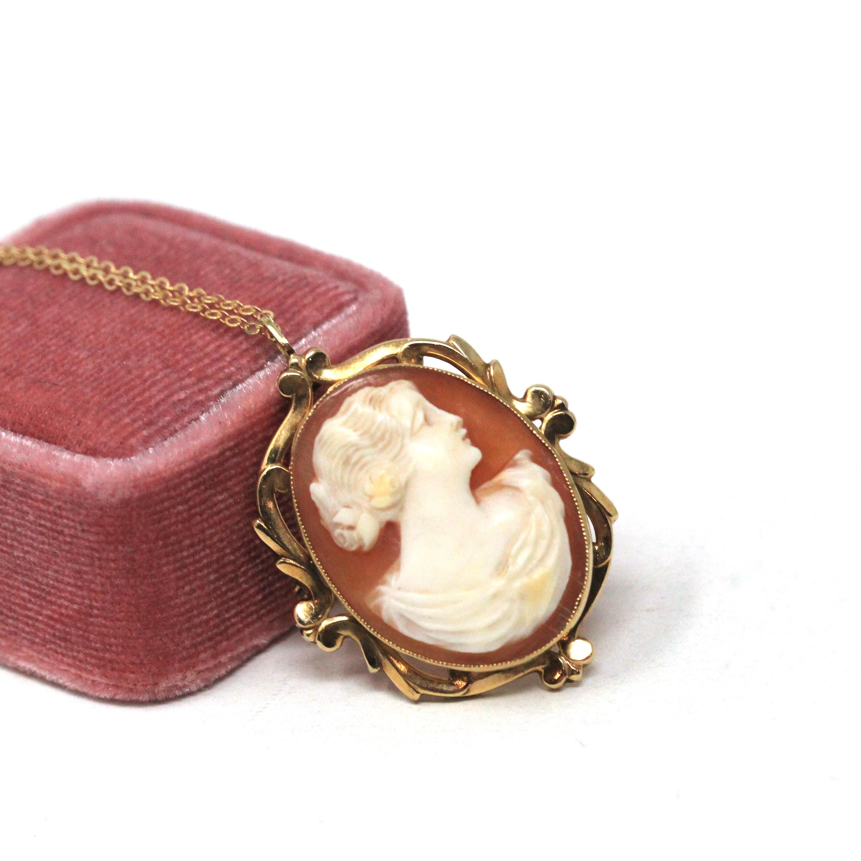 Vintage Cameo Necklace - Mid Century 10k Yellow Gold Carved Shell Woman's Profile Pendant - Circa 1950s Era Statement Brooch Fine Jewelry