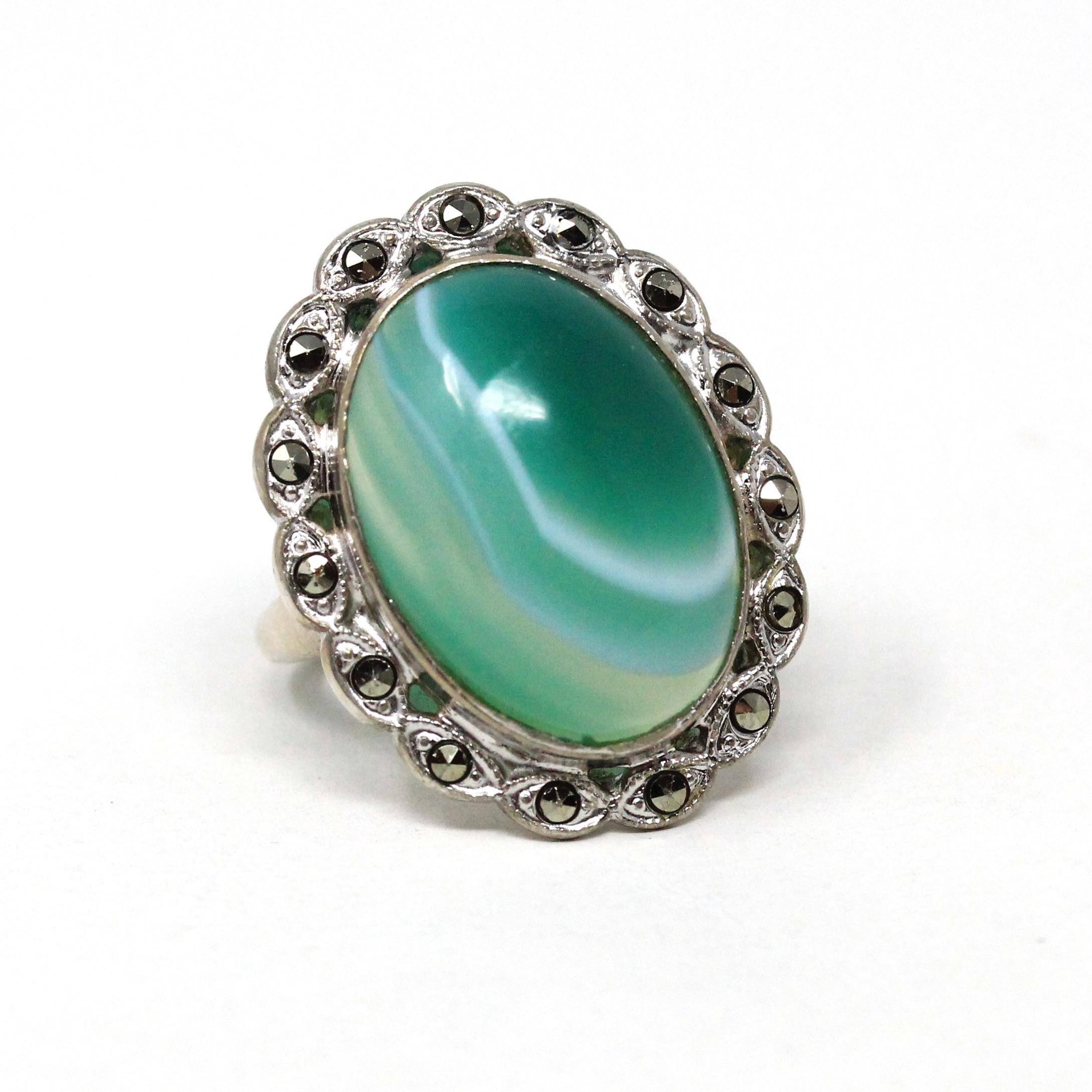 Banded Agate Ring - Vintage Sterling Silver Oval Green White Cabochon Statement - Art Deco Circa 1930s Size 4 3/4 Uncas Marcasite Jewelry