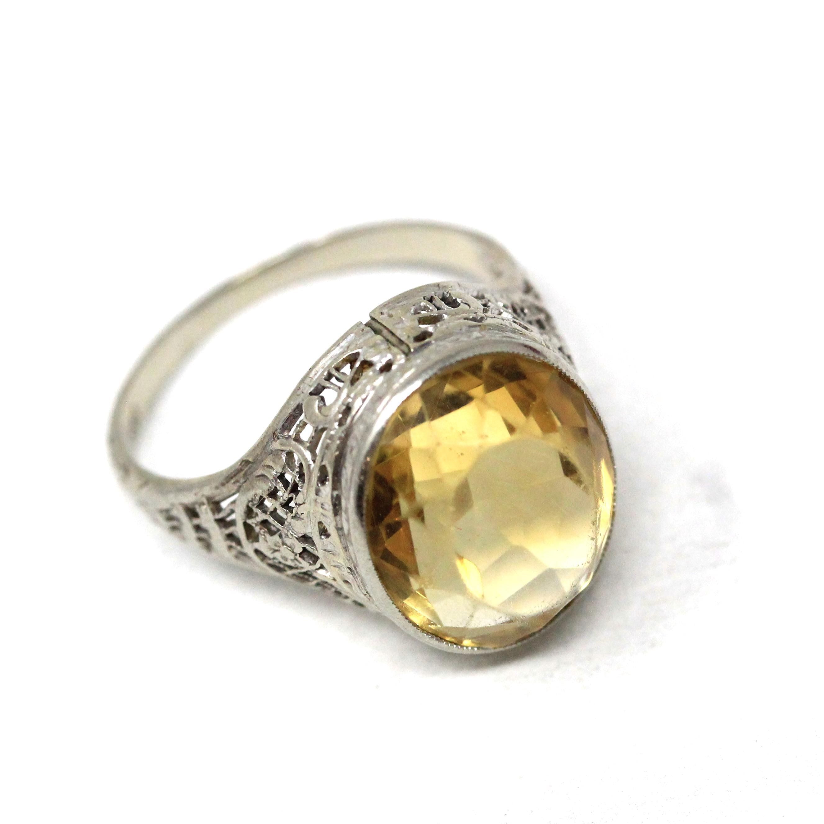Natural Citrine Ring - Art Deco 14k White Gold Oval Faceted Gemstone - Vintage Circa 1930s Era Size 5 3/4 November Birthstone Fine Jewelry