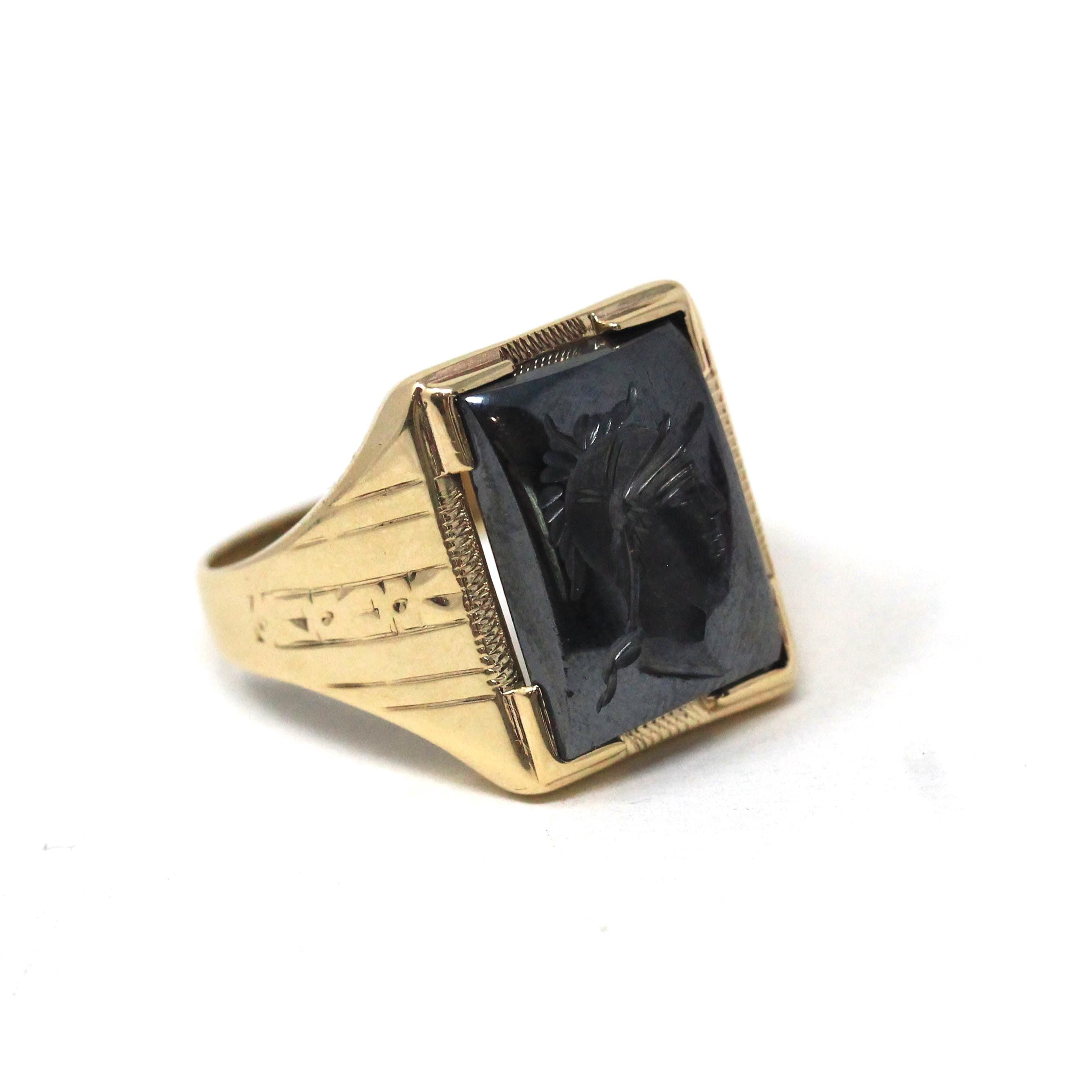 Vintage Hematite Ring - Mid Century 10k Yellow Gold Intaglio Carved Gray Gem - Circa 1940s Era Size 10 3/4 Statement Fine Unisex Jewelry