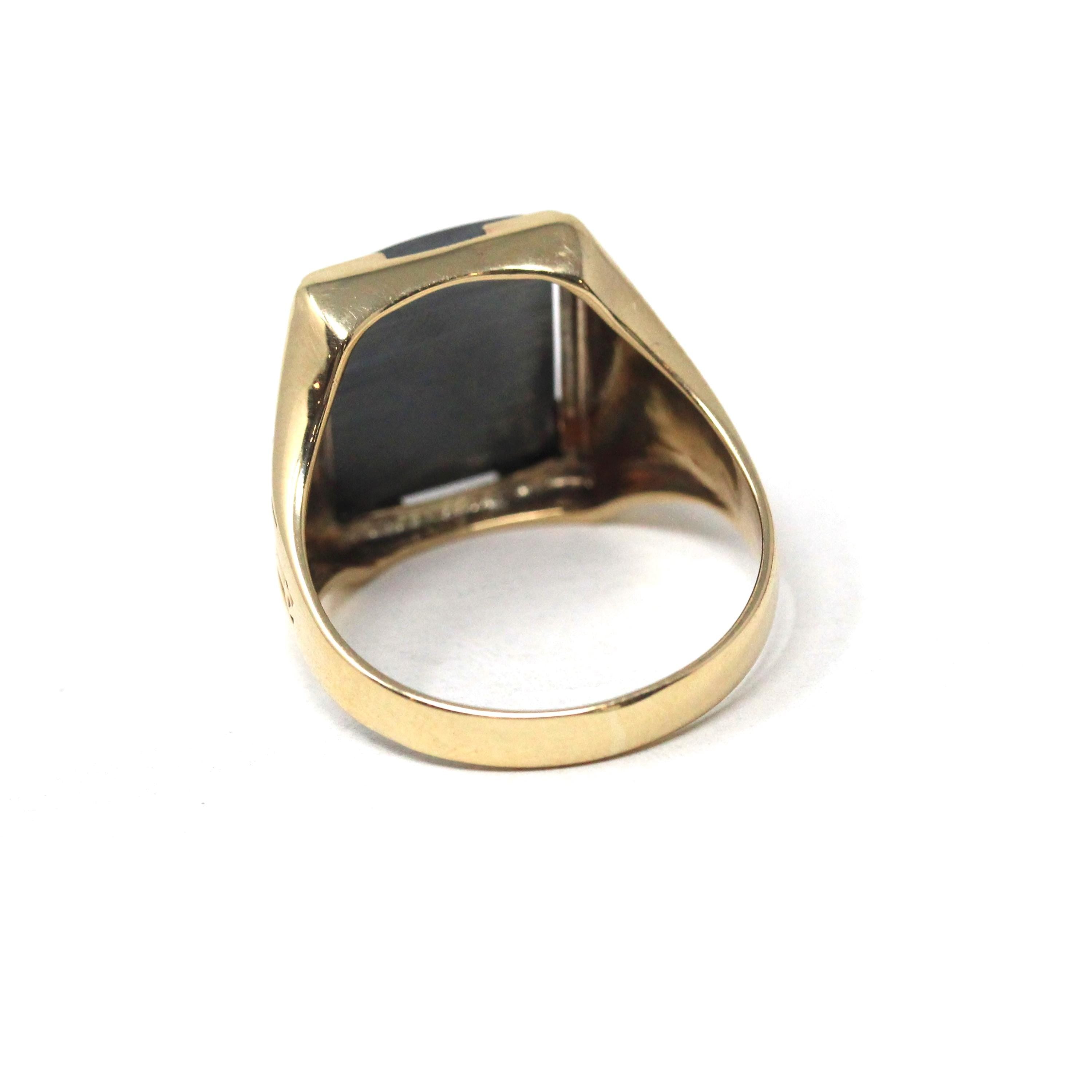 Vintage Hematite Ring - Mid Century 10k Yellow Gold Intaglio Carved Gray Gem - Circa 1940s Era Size 10 3/4 Statement Fine Unisex Jewelry