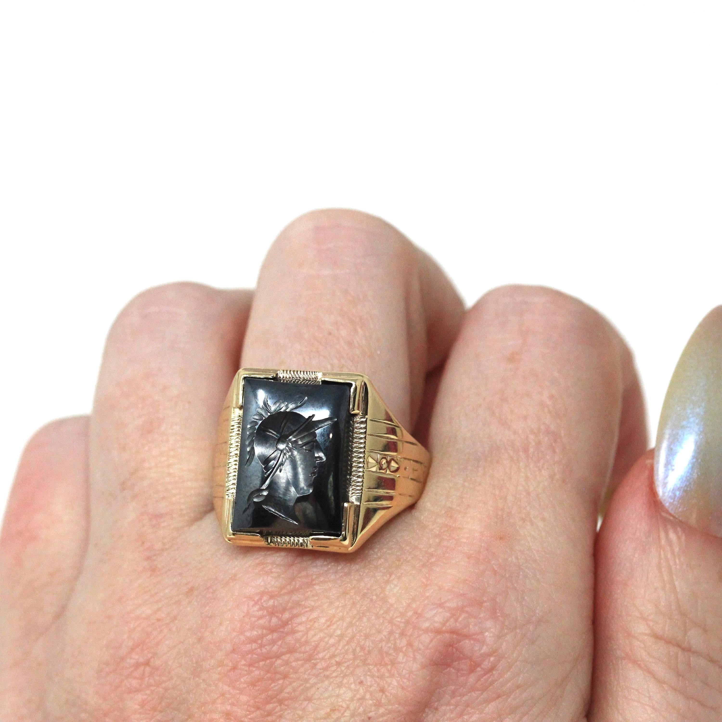 Vintage Hematite Ring - Mid Century 10k Yellow Gold Intaglio Carved Gray Gem - Circa 1940s Era Size 10 3/4 Statement Fine Unisex Jewelry