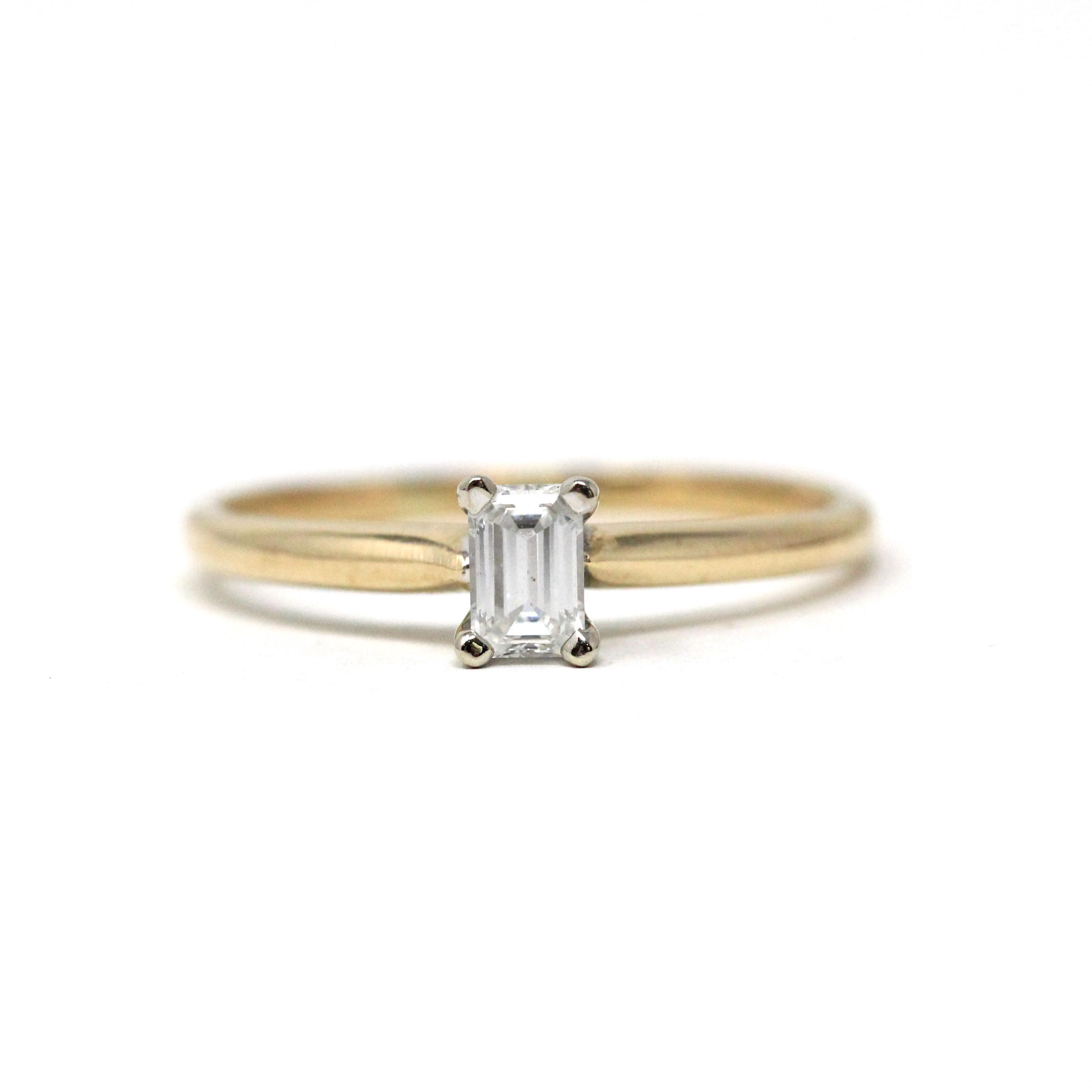 Emerald Cut Diamond Ring - Vintage 14k Yellow White Gold Natural Gemstone Prong Solitaire - Estate Size 6 1/4 Dainty Minimalist Fine Jewelry
