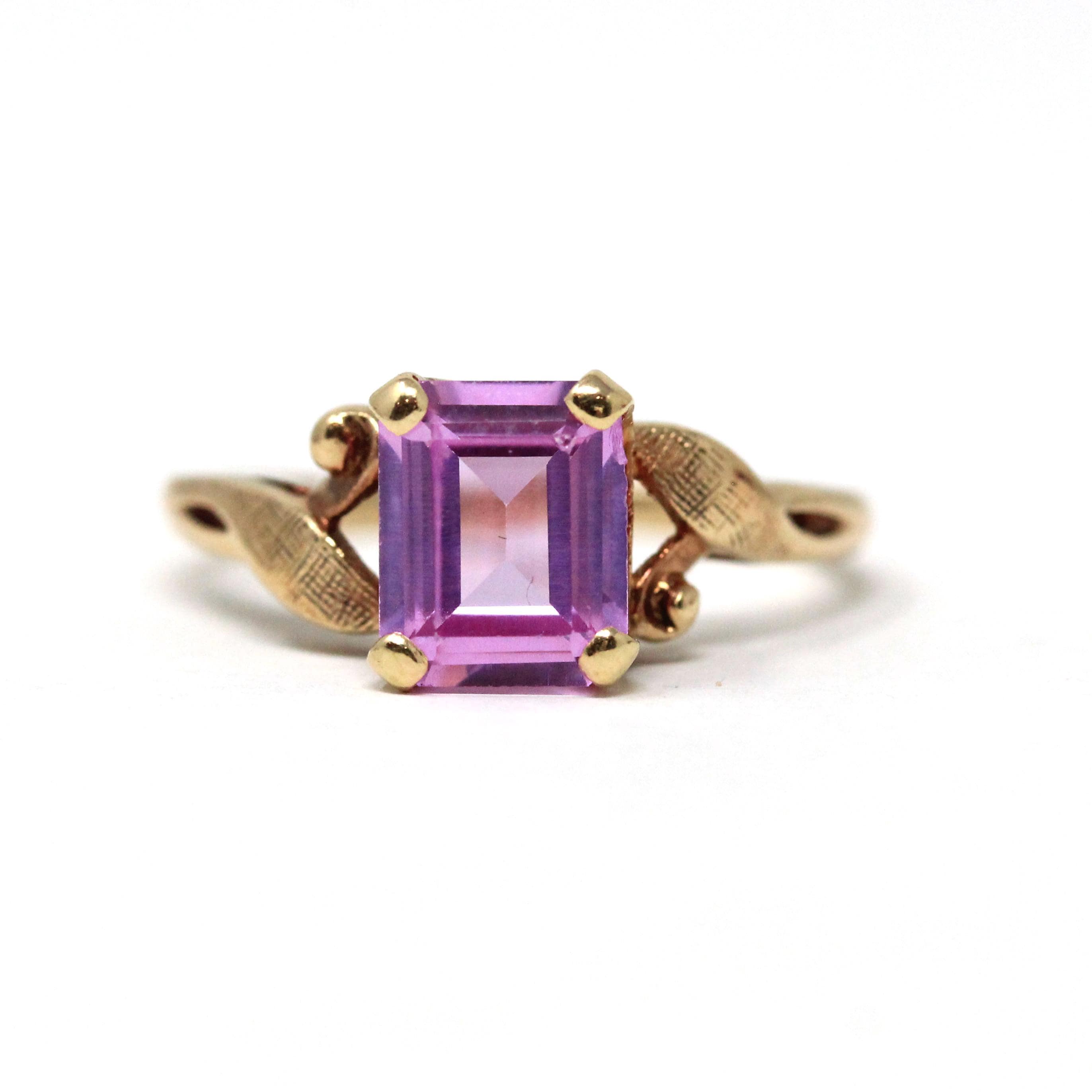 Vintage Solitaire Ring - Mid Century Era 10k Yellow Gold Emerald Cut Created Pink Sapphire Gemstone - Circa 1960s Size 6 1/4 Fine Jewelry