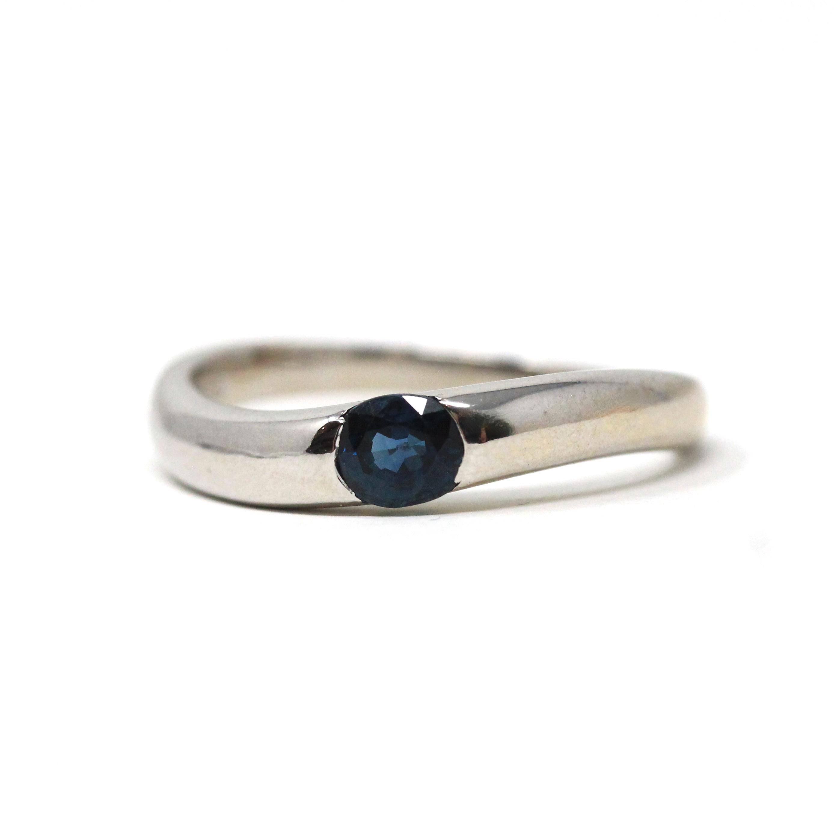 Wavy Sapphire Band - Estate 14k White Gold Natural Blue Gemstone Solitaire Half Bezel Ring - Modern Circa 2000s Era Size 8 1/2 Fine Jewelry