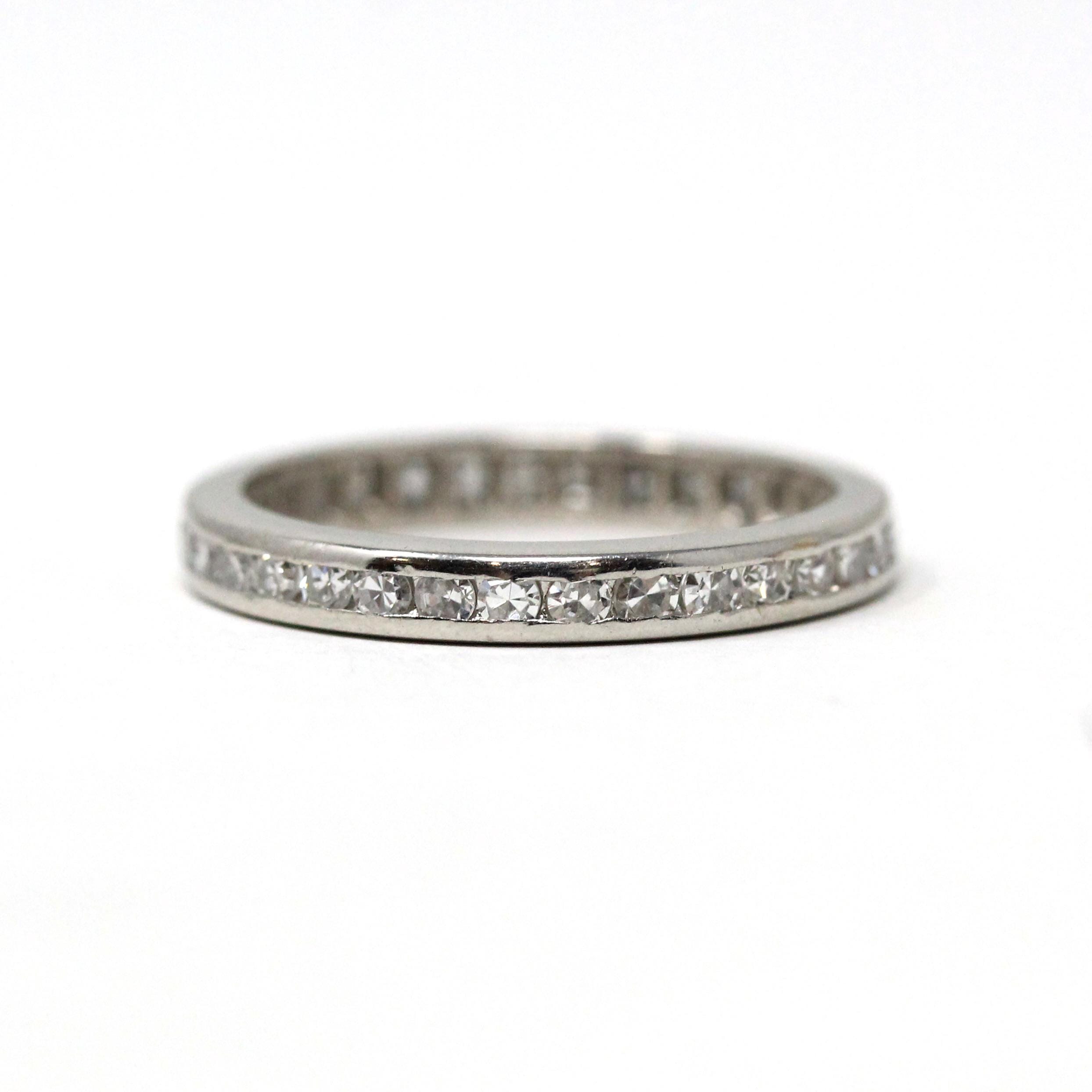 Diamond Eternity Band - Mid Century Era Platinum Channel Natural Gemstones Wedding Bridal Ring - Vintage Circa 1950s Size 6 Fine 50s Jewelry