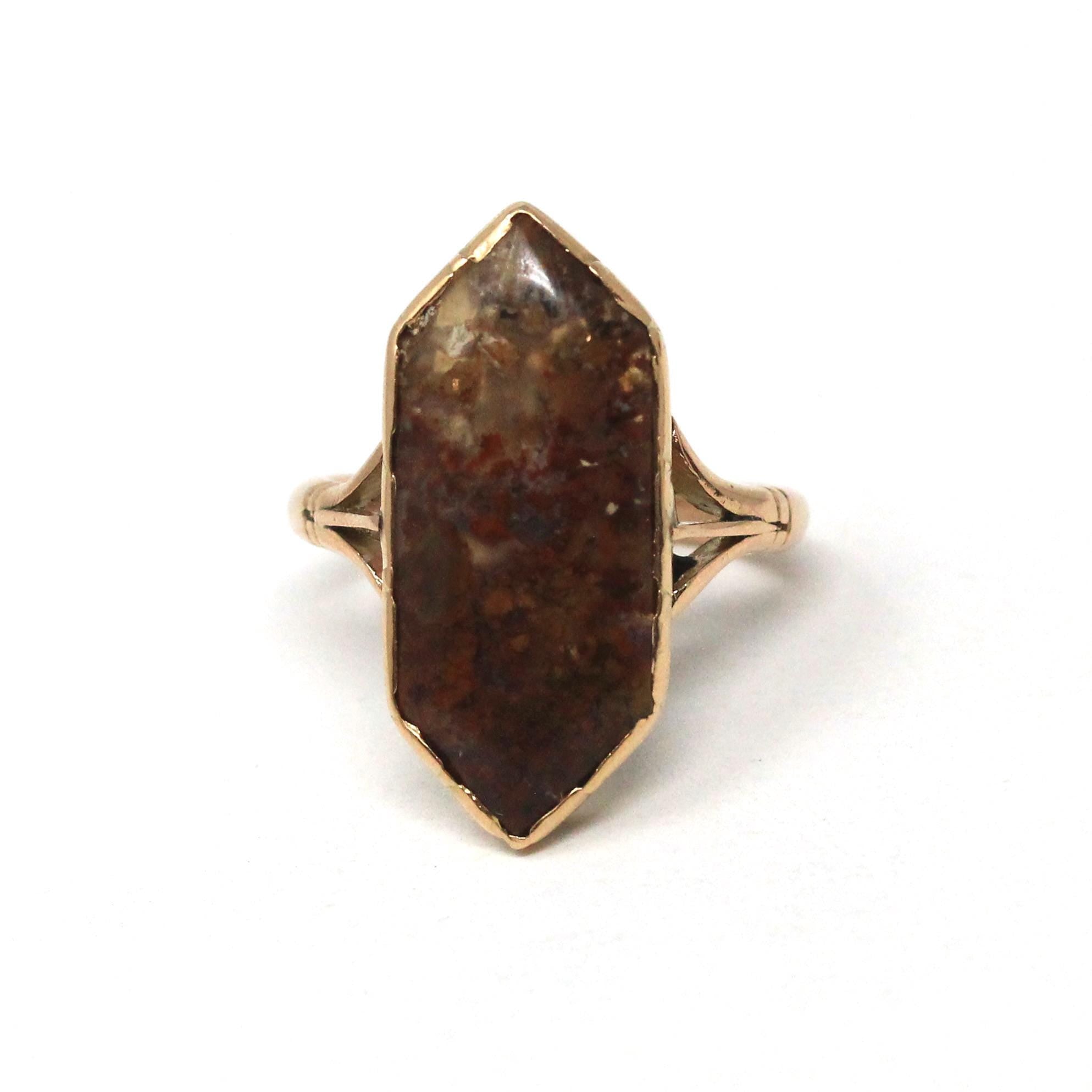 Antique Agate Ring - Edwardian 9ct Rose Gold Fancy Cut Brown Inclusions Gemstone - Vintage Circa 1900s Era Size 6 1/2 Statement Fine Jewelry