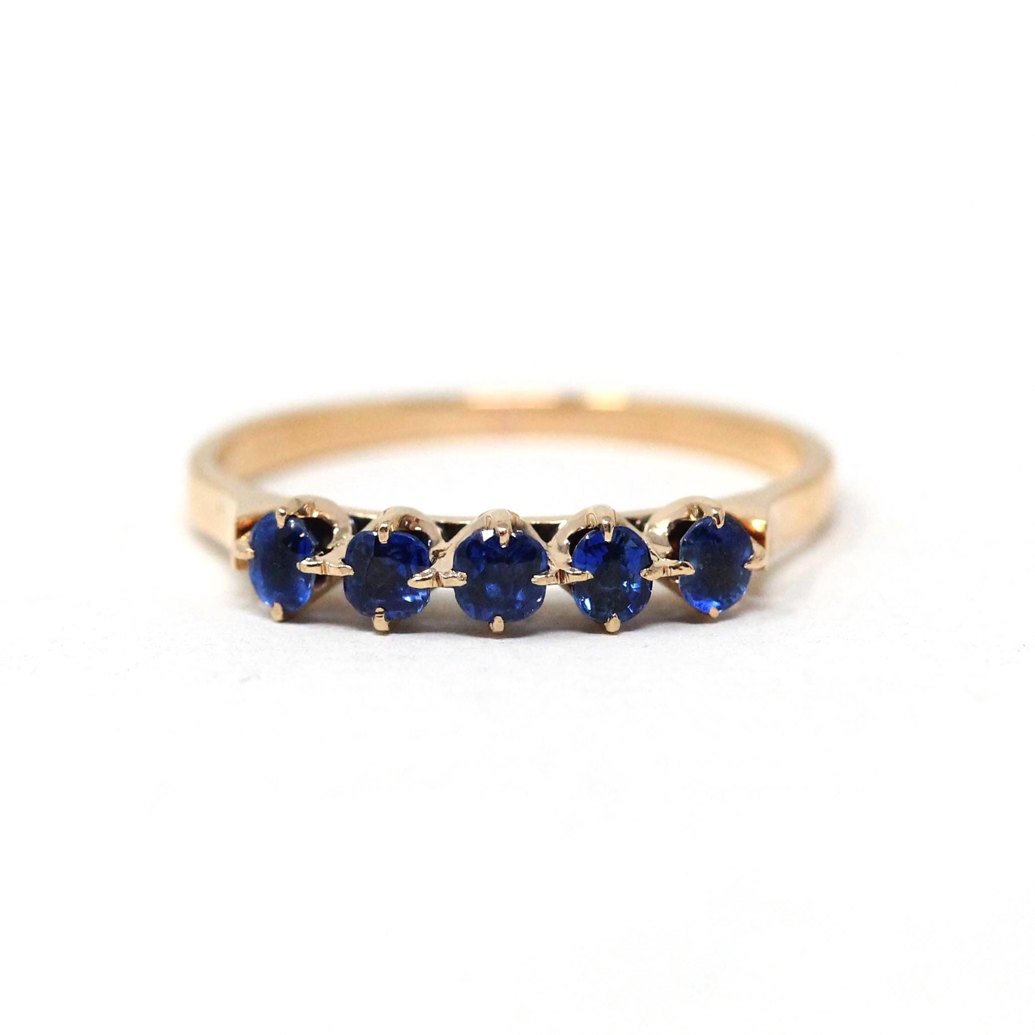 Antique Sapphire Band - Edwardian 14k Yellow Gold Natural Five Gemstones Stacking Ring - Vintage Circa 1910s Bridal Size 5 1/4 Fine Jewelry