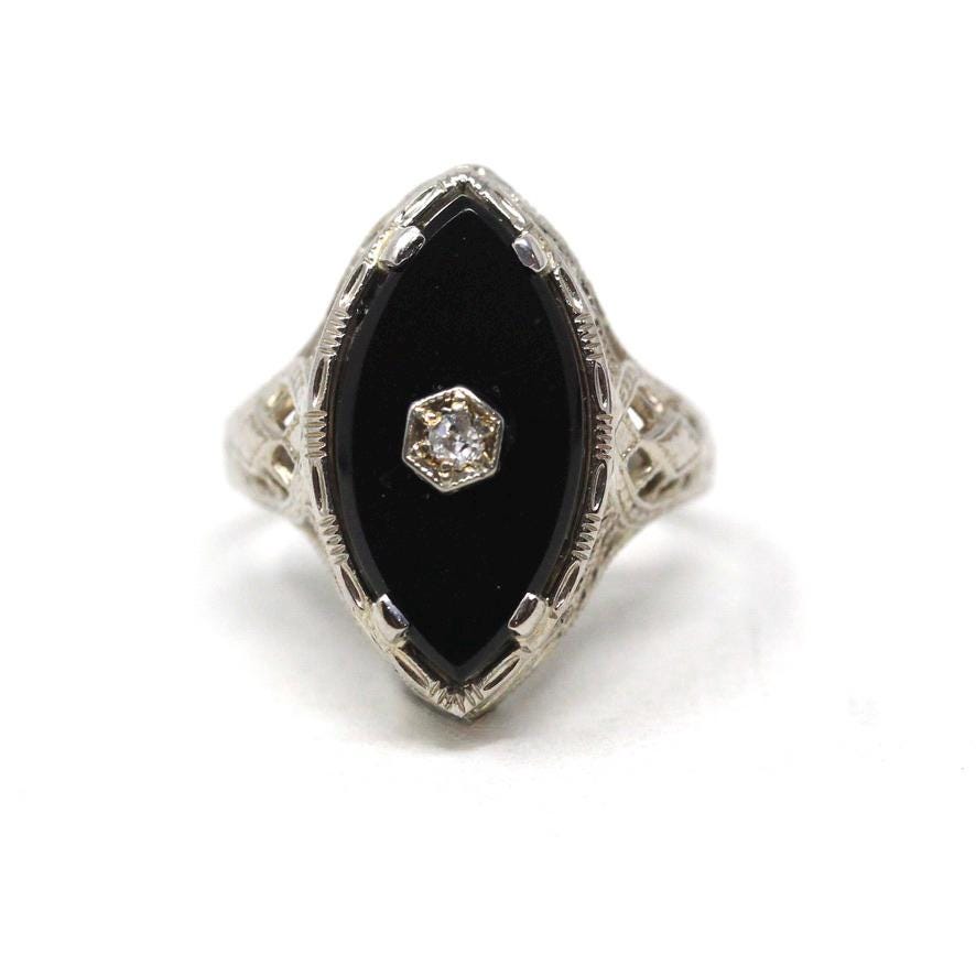 Vintage Onyx Ring - Art Deco 14k White Gold Natural Black Chalcedony Diamond Gemstone - Circa 1930s Era Size 7 1/4 Fine 30s Navette Jewelry