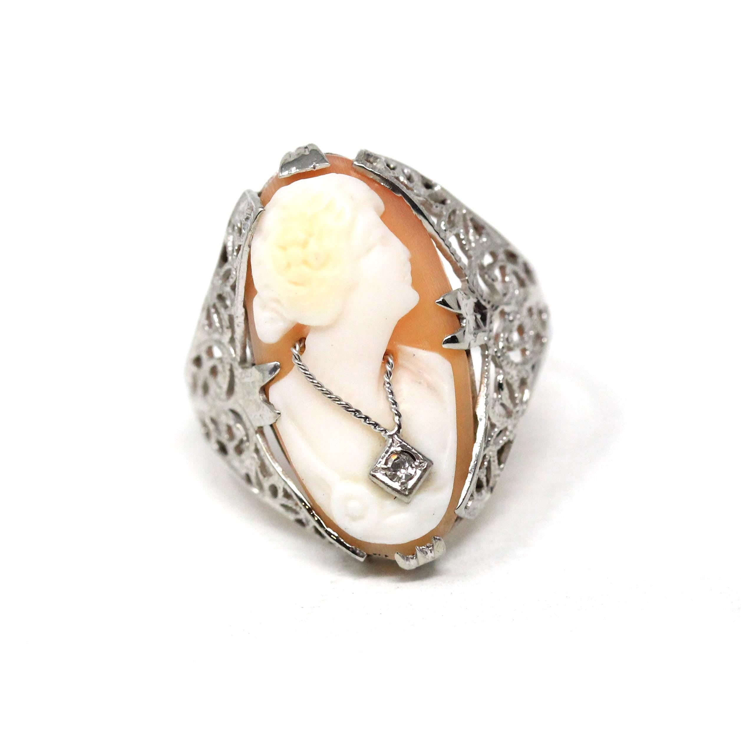 Vintage Cameo Habillé Ring - Art Deco 14k White Gold Natural Diamond - Antique Circa 1920s Era Size 6 1/2 Filigree Carved Shell Fine Jewelry