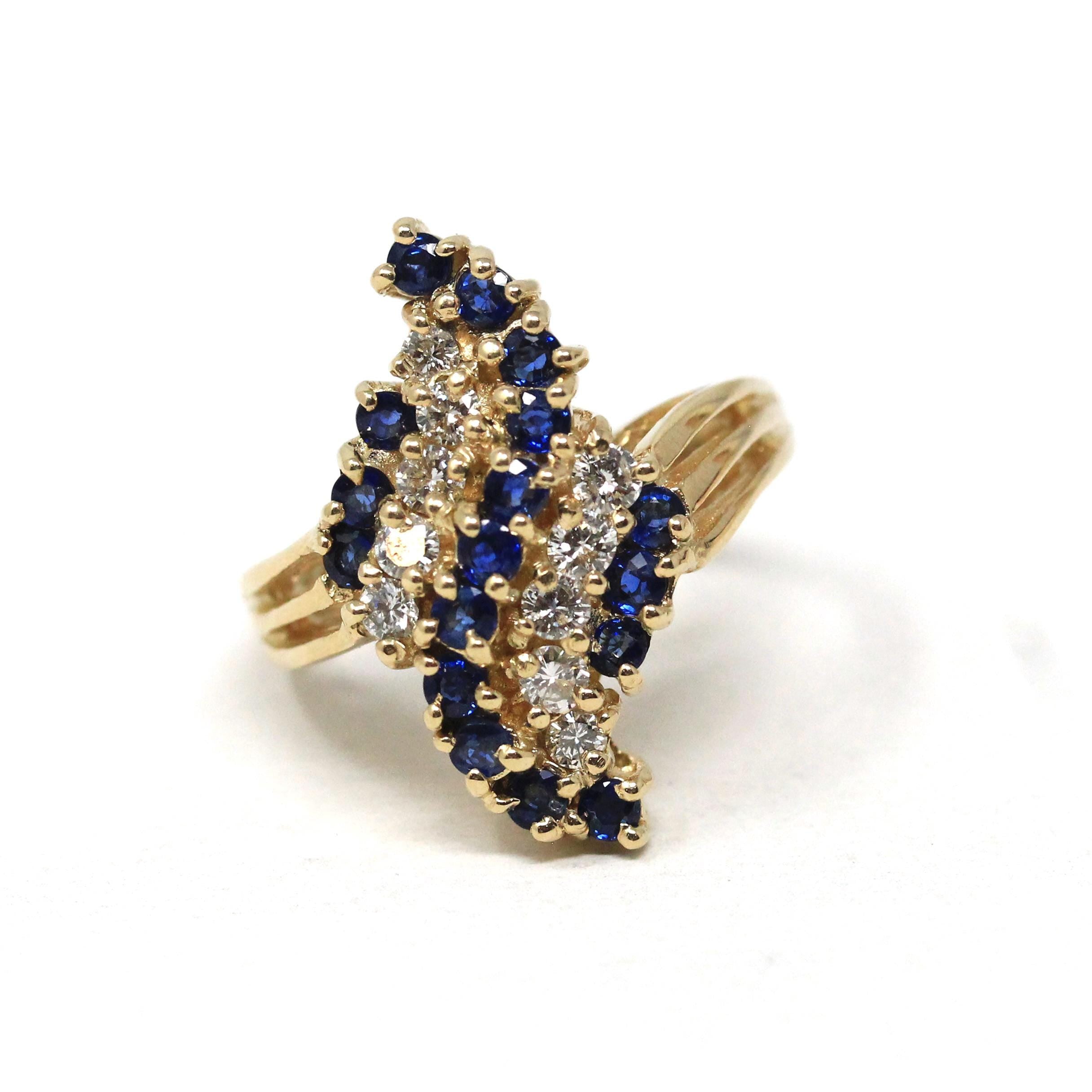 Sapphire & Diamond Ring - Modern 14k Yellow Gold Bypass Style Split Shank - Estate Circa 1980s Era Size 7 Fine Statement Engagement Jewelry
