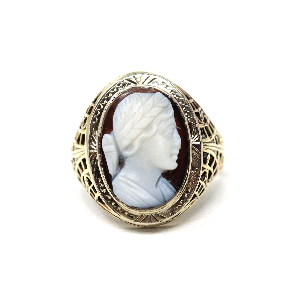 Art Deco Cameo Ring - Vintage 10k Yellow Gold Carved Genuine 
