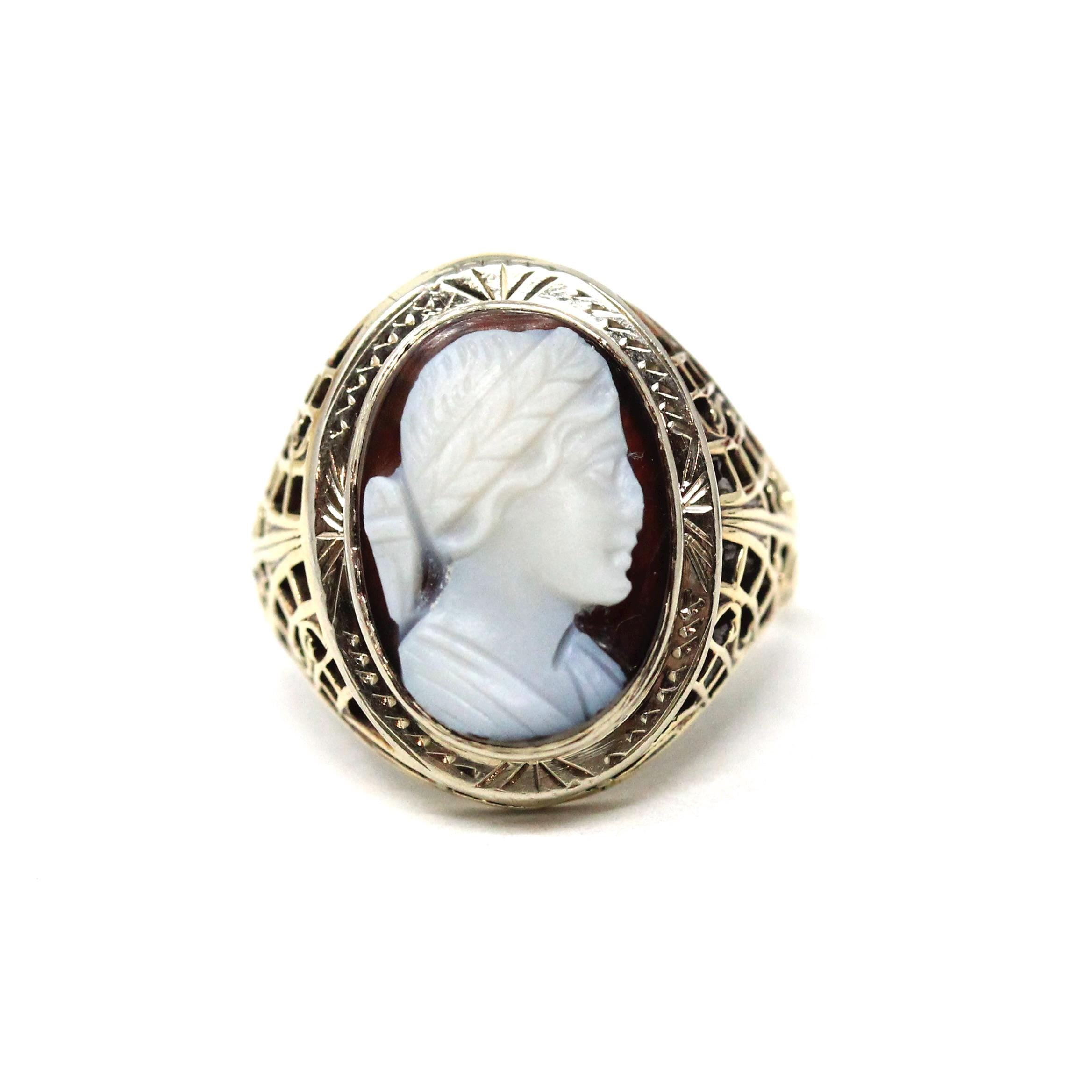 Art Deco Cameo Ring - Vintage 10k Yellow Gold Carved Genuine Sardonyx Woman's Profile - Circa 1930s Era Size 6 1/4 Statement Fine Jewelry