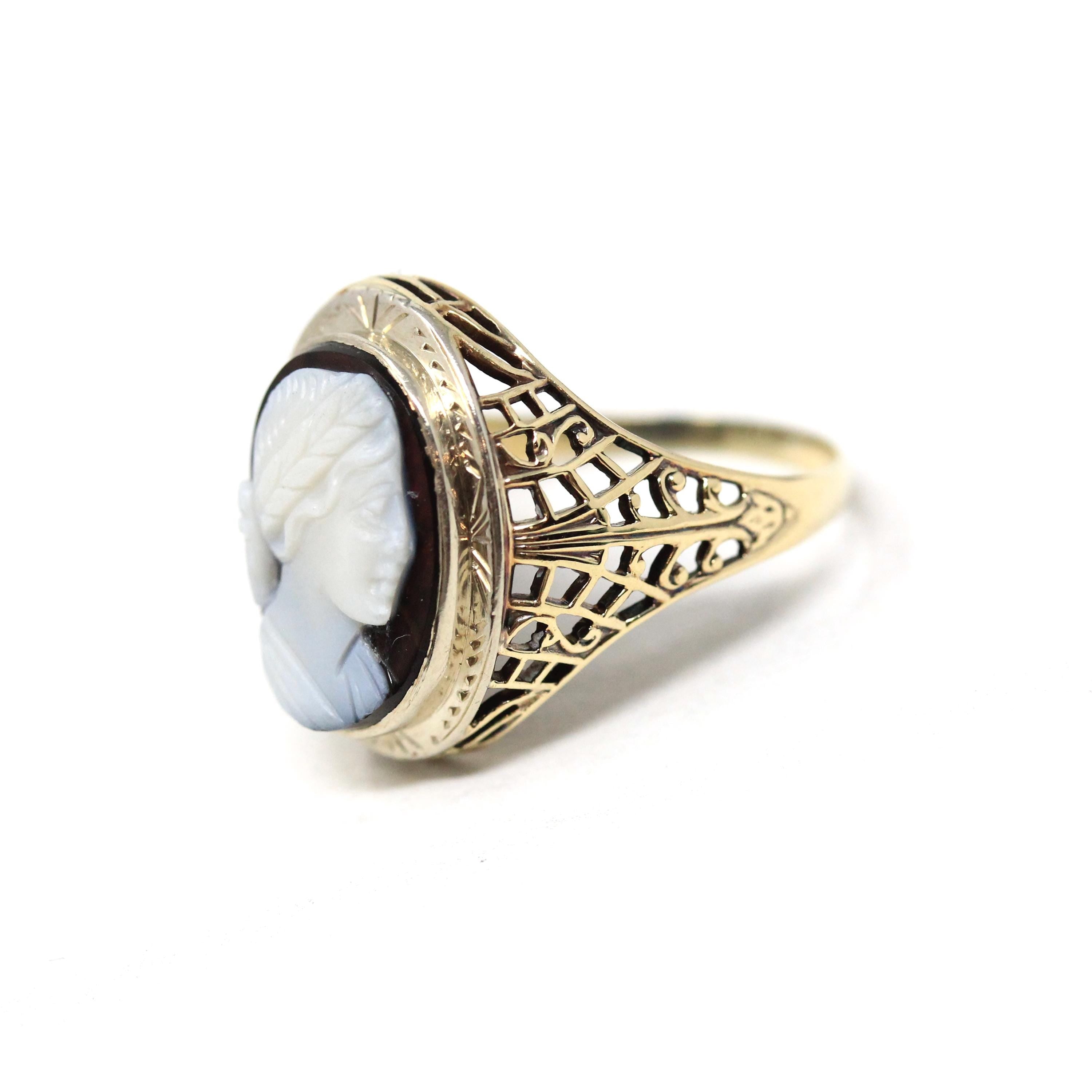 Art Deco Cameo Ring - Vintage 10k Yellow Gold Carved Genuine