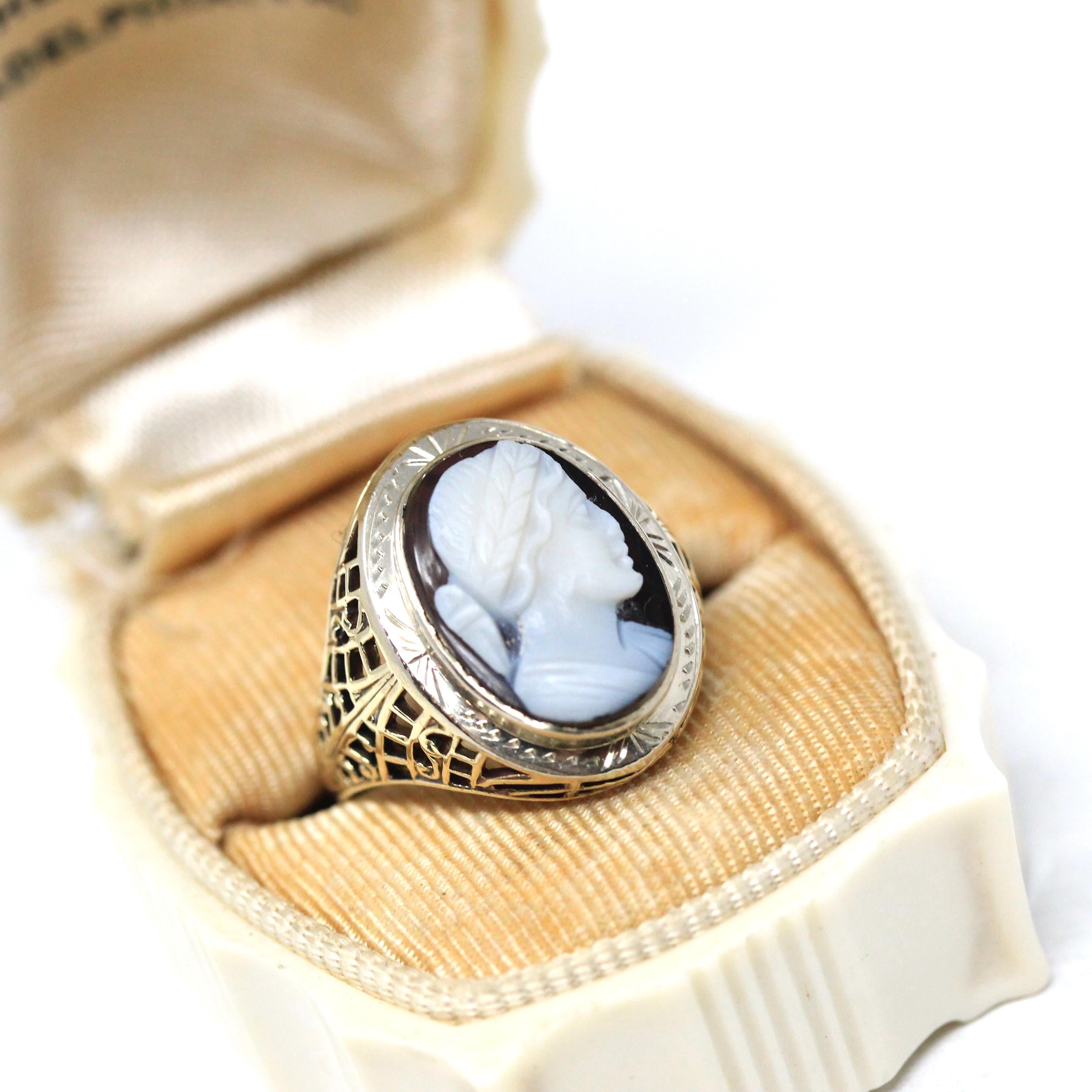 Art Deco Cameo Ring - Vintage 10k Yellow Gold Carved Genuine Sardonyx Woman's Profile - Circa 1930s Era Size 6 1/4 Statement Fine Jewelry
