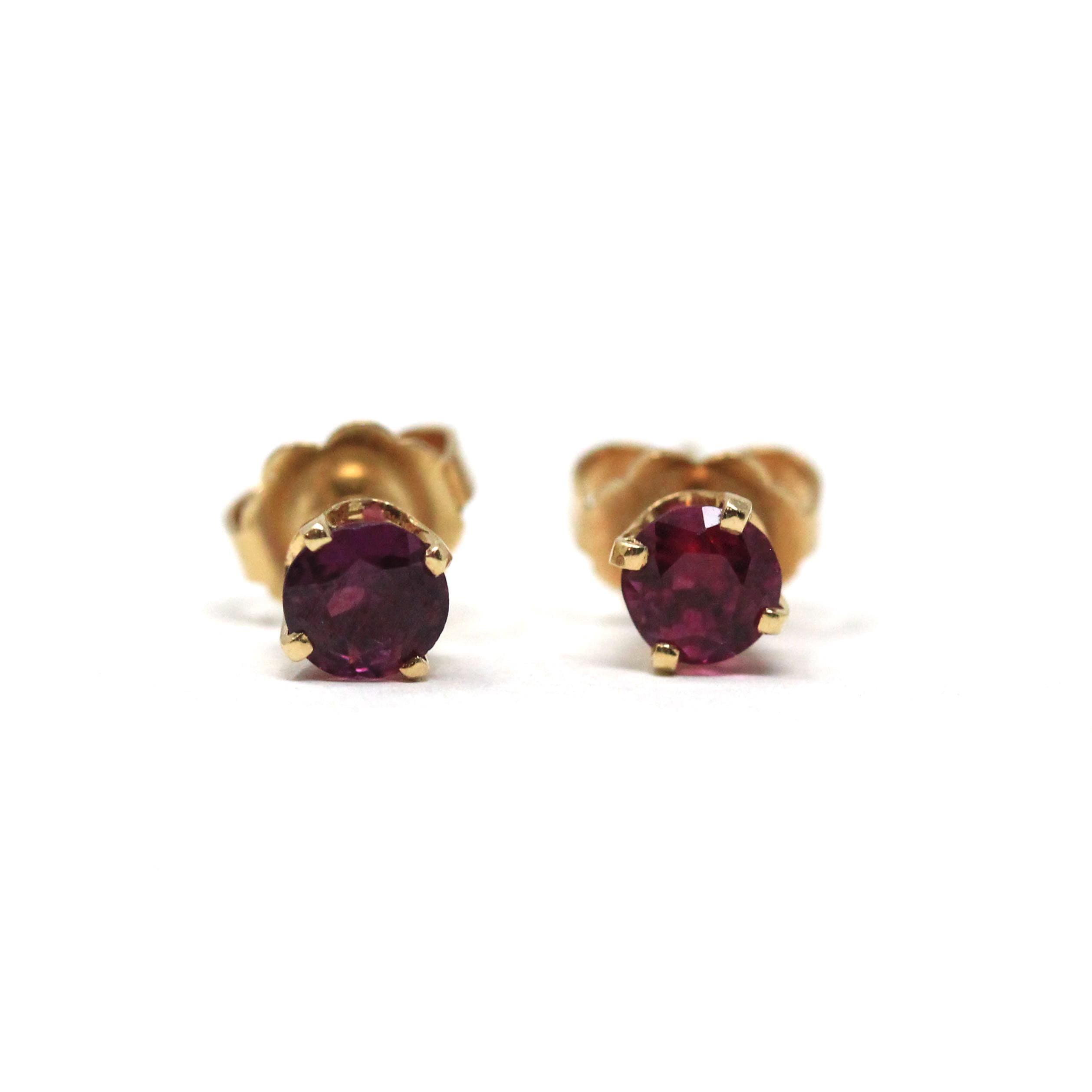 Natural Ruby Earrings - Modern 14k Yellow Gold Round Faceted Pink Red Gemstones Studs - Estate Circa 2000's Era July Birthstone Fine Jewelry