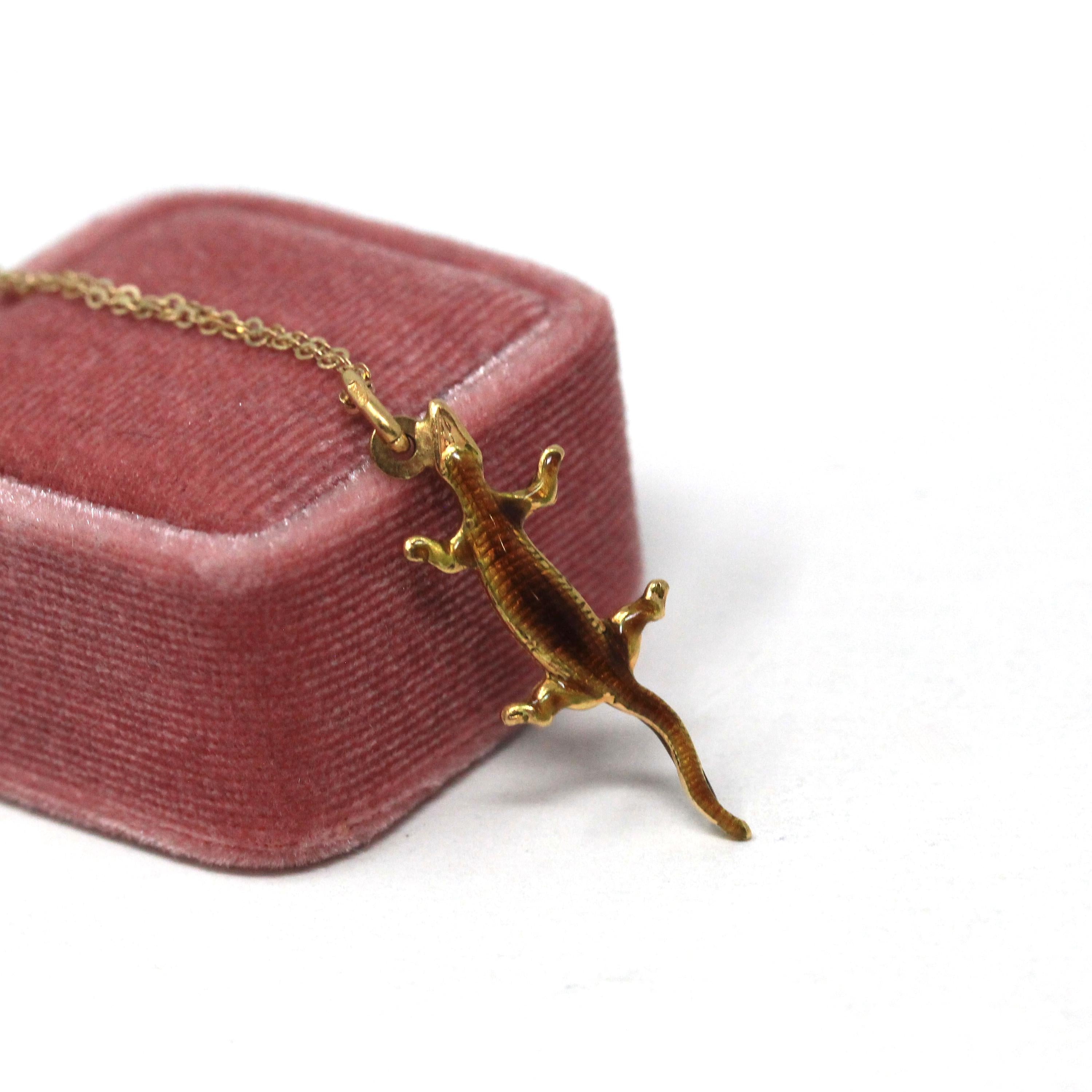 Vintage Lizard Necklace - Retro 18k Yellow Gold & Enamel Figural Reptile Charm - Circa 1960s Era Dainty Pendant Fine Statement 60s Jewelry