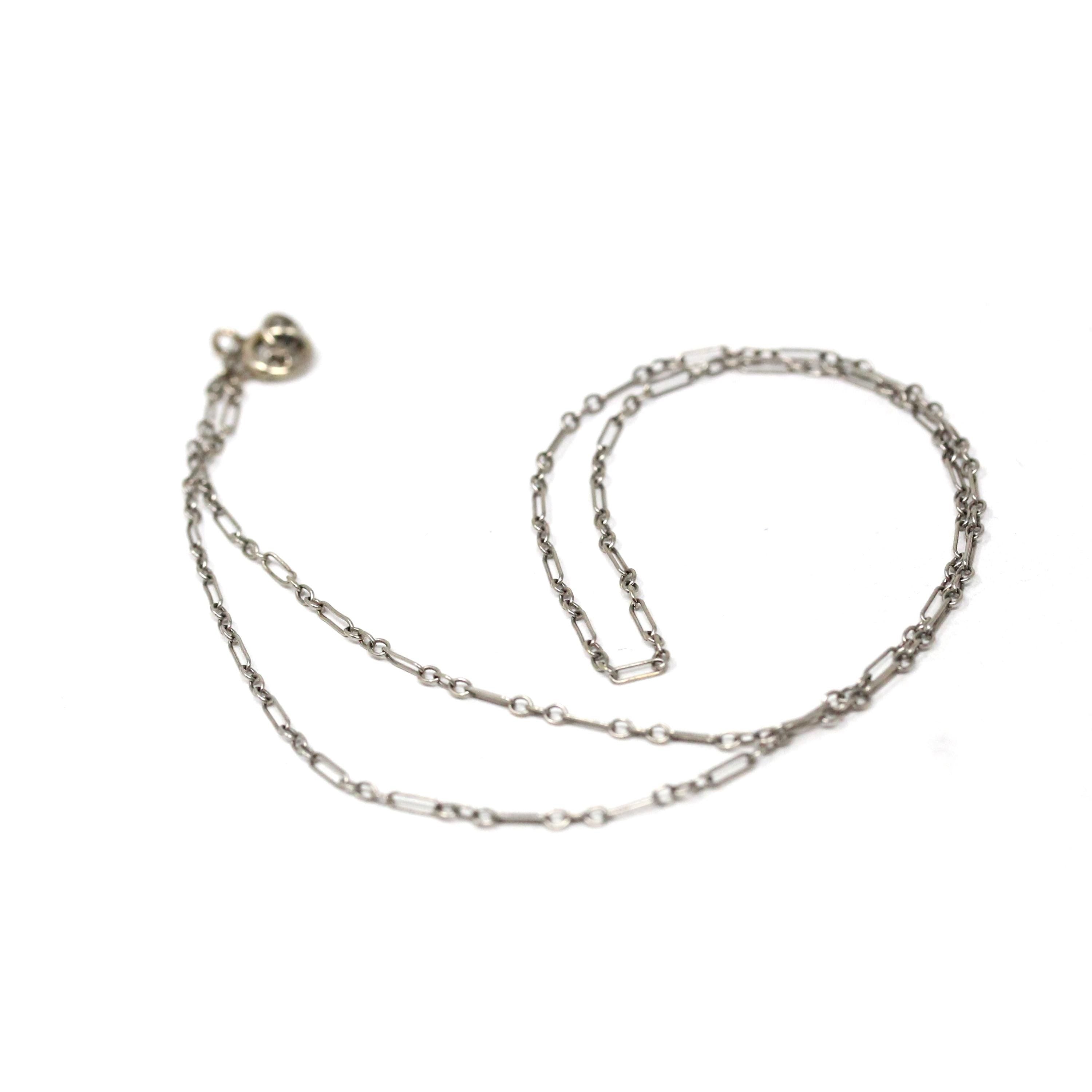 Vintage Chain Necklace - Art Deco 14k White Gold Decorative Paper Clip Link - Circa 1920s Era Spring Ring Clasp Dainty Accessory Jewelry