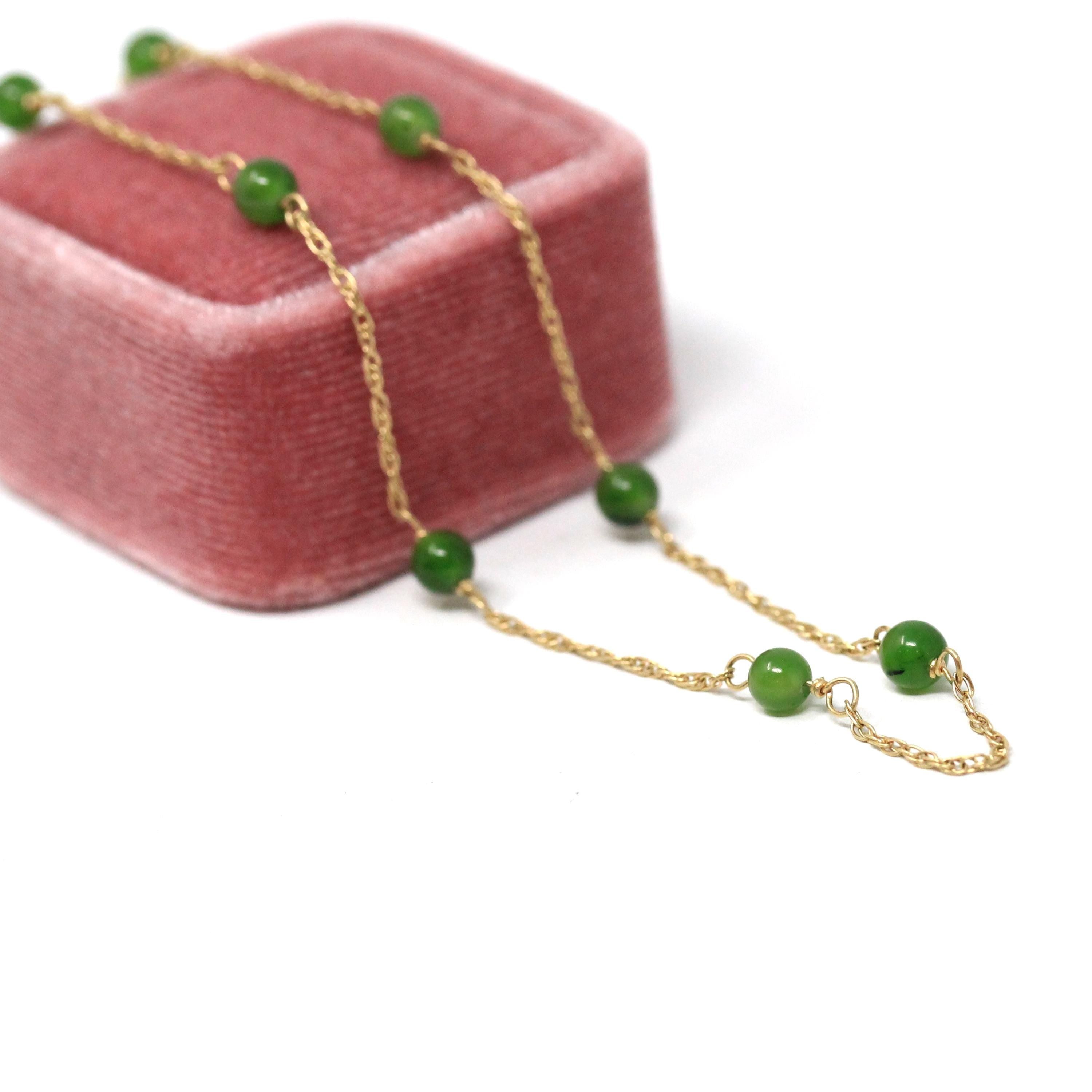 Nephrite Jade Necklace - Retro 14k Yellow Gold Station Style Green Beads Beaded Rope Chain - Circa 1970s Era Dainty 16 Inches Fine Jewelry