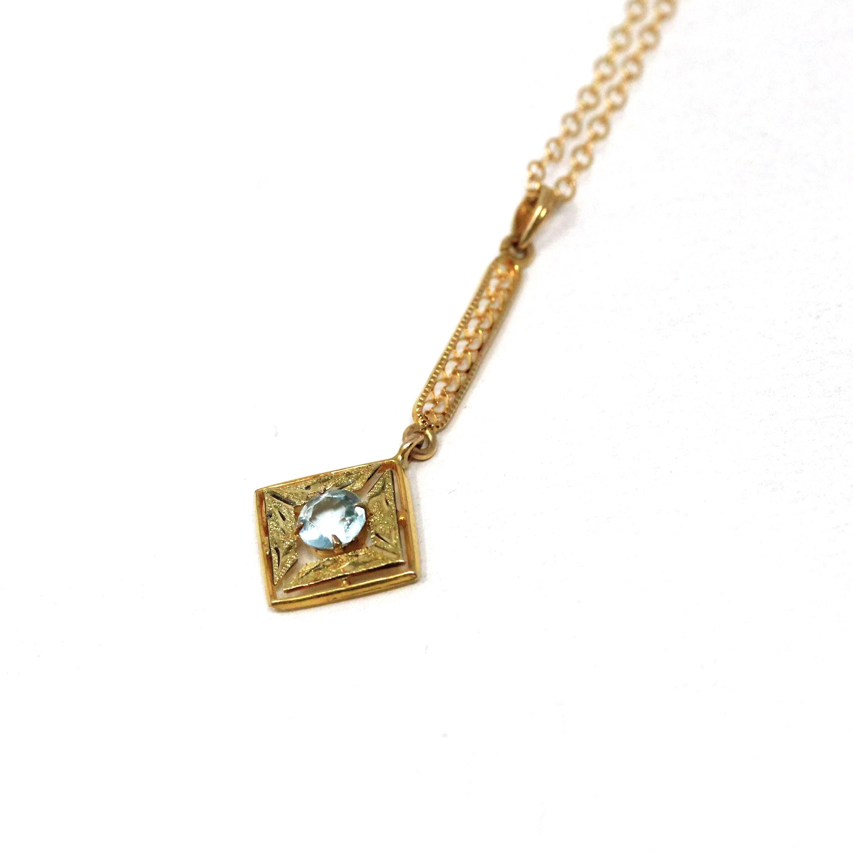 Antique Lavalier Necklace - Edwardian 14k Yellow Gold Light Blue Glass Simulated Aquamarine Pendant Charm - Circa 1910s Era Fine Jewelry