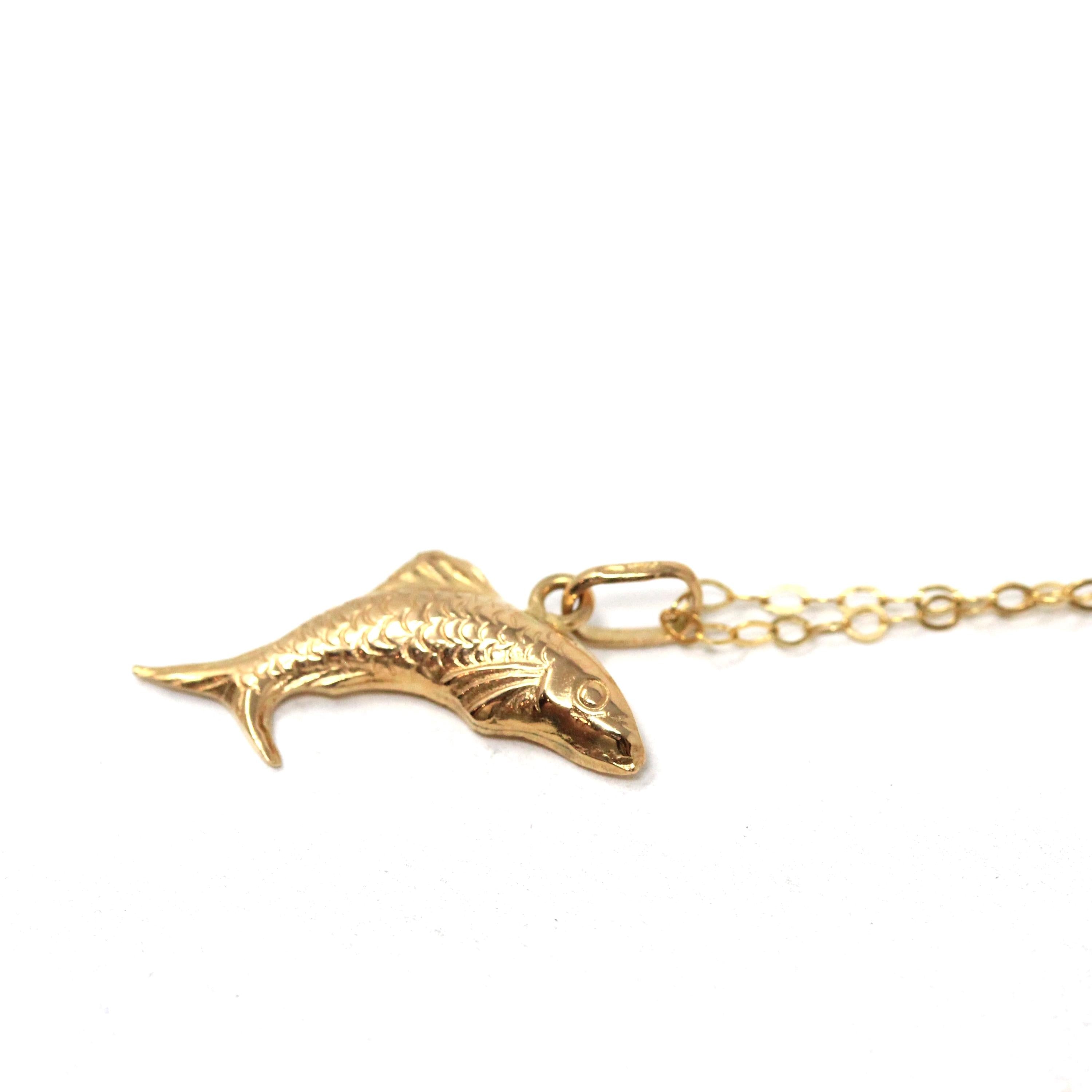 Modern Fish Necklace - Estate 18k Yellow Gold Fishing Pendant Charm - Estate Circa 2000s Jumping Sea Life Ocean Scales Pendant Fine Jewelry