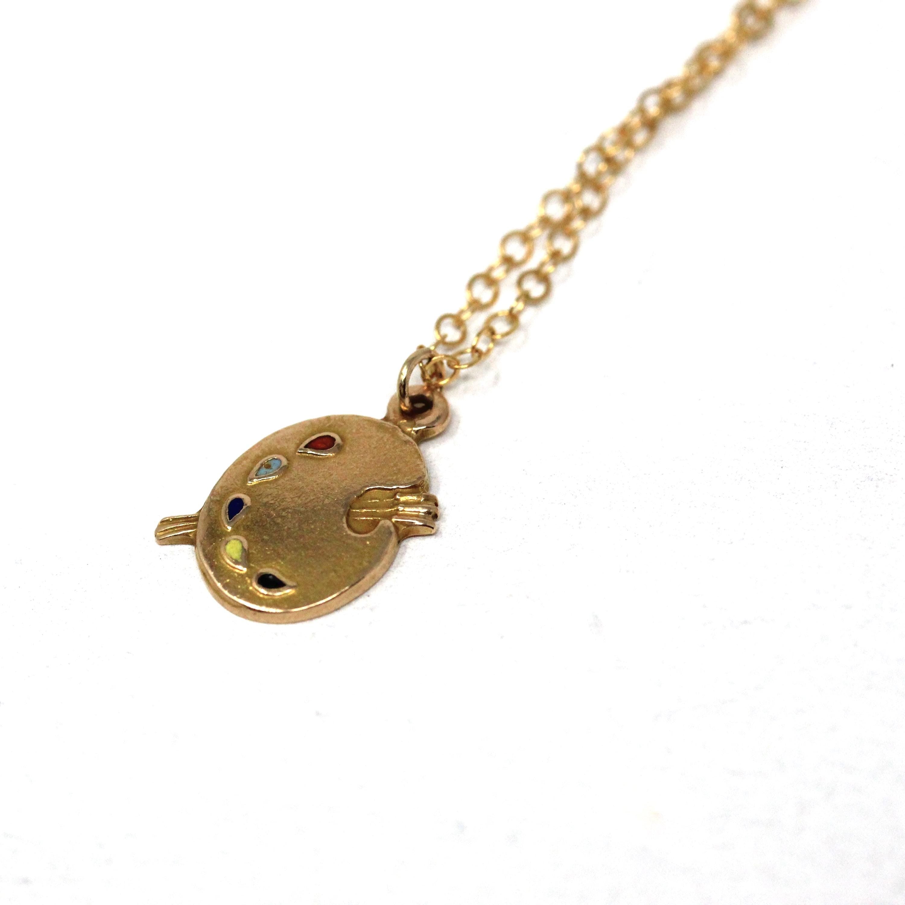 Artist Palette Charm - Vintage 14k Yellow Gold Figural Paint Brush Pendant Necklace - Estate Colorful Enamel Artistic Painter Fine Jewelry