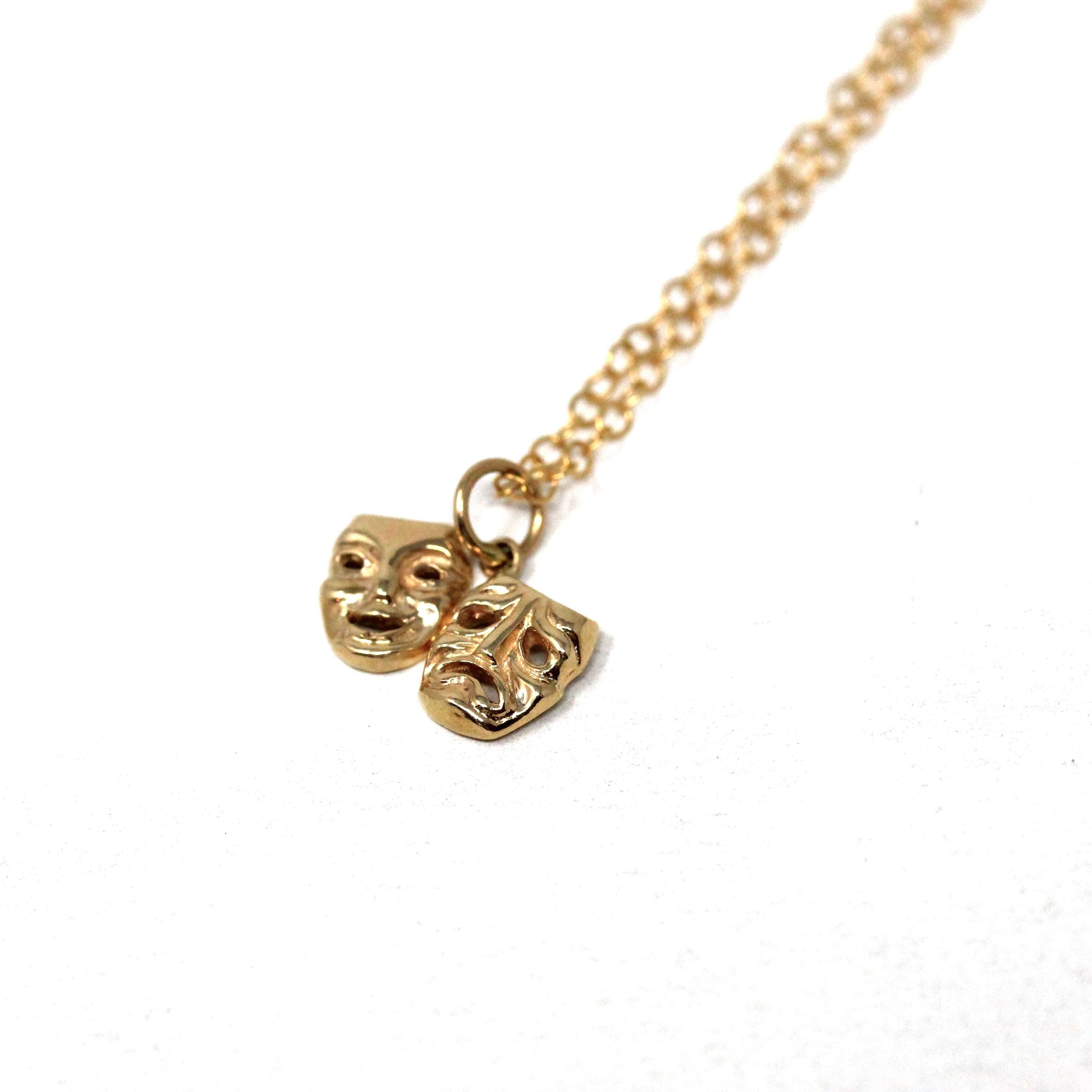 Comedy & Tragedy Necklace - Modern 14k Yellow Gold Greek Theatre Mask Pendant - Estate Figural Sock And Buskin Ancient Symbol Fine Jewelry
