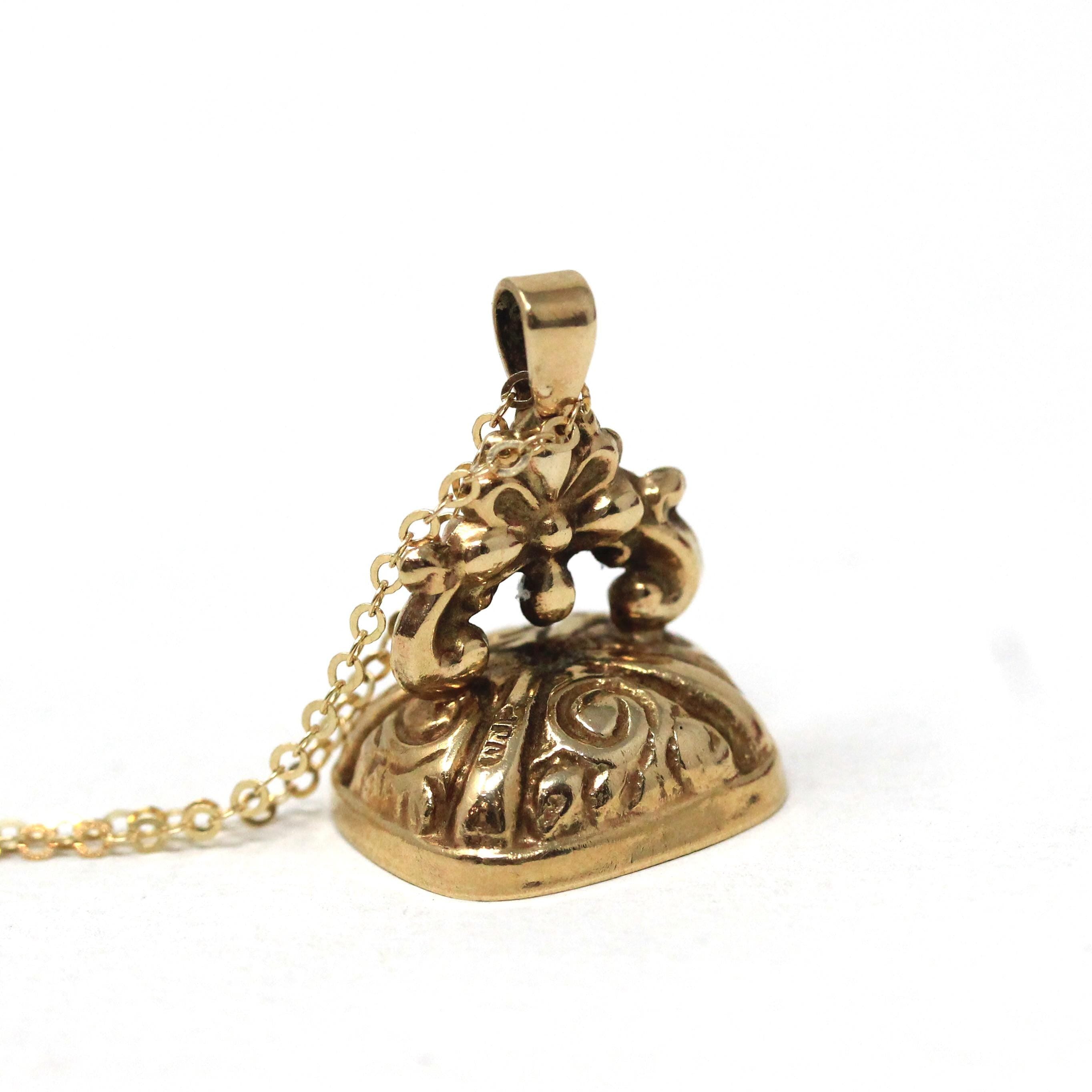 Vintage Fob Necklace - Hallmarked 1962 9k Yellow Gold Engraved Stamp Charm - Retro Era Victorian Revival Watch Accessory Fine Unisex Jewelry