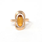 Vintage Amber Ring - Modern 14k Rose Gold Oval Cabochon Cut Bezel Set Fossilized Tree Resin - Circa 1990s Size 7 1/2 Statement Fine Jewelry
