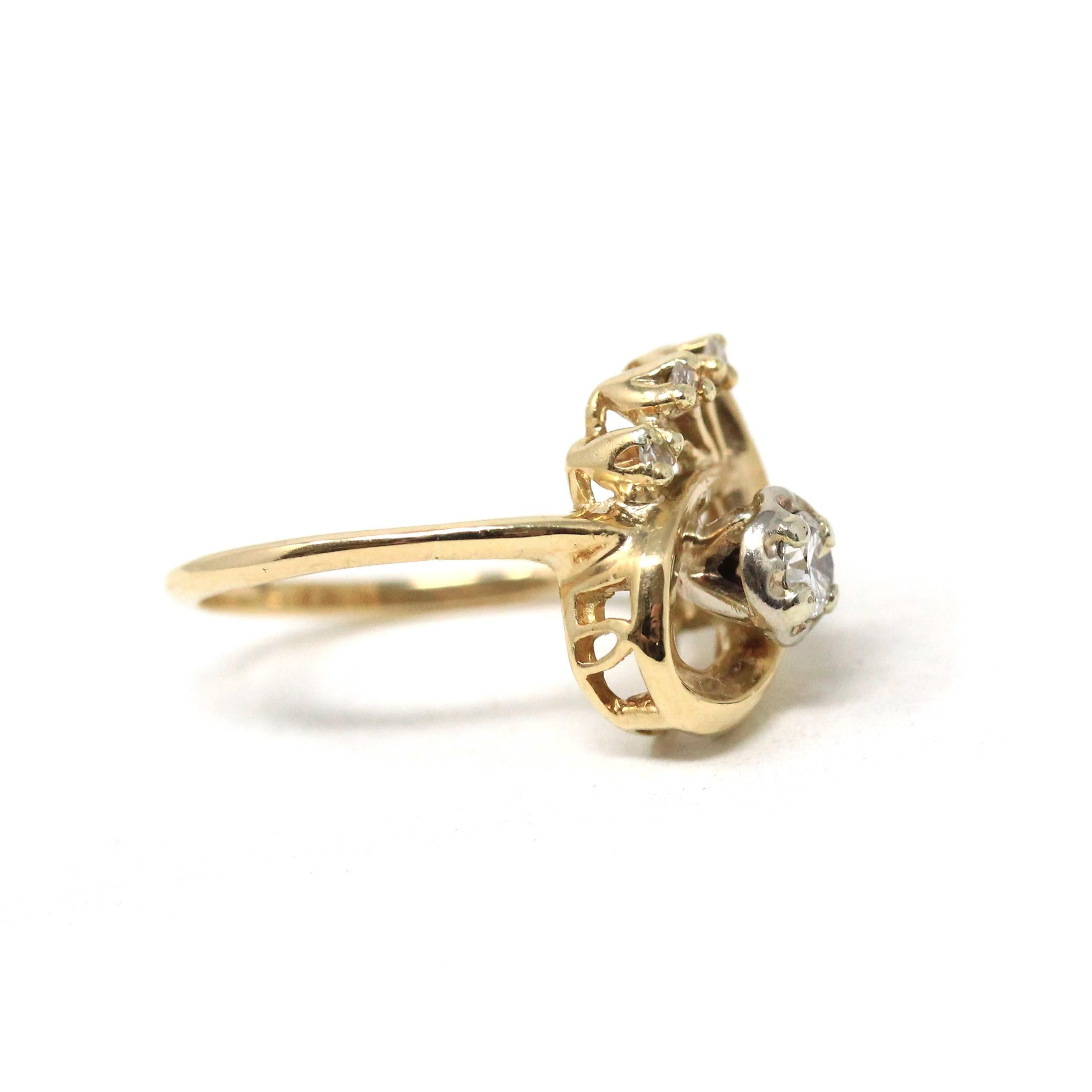 Retro Diamond Ring - Vintage 14k Yellow & White Gold Round Cut Gemstones - Circa 1960s Era Size 4 Swirl Design Fine Statement 60s Jewelry