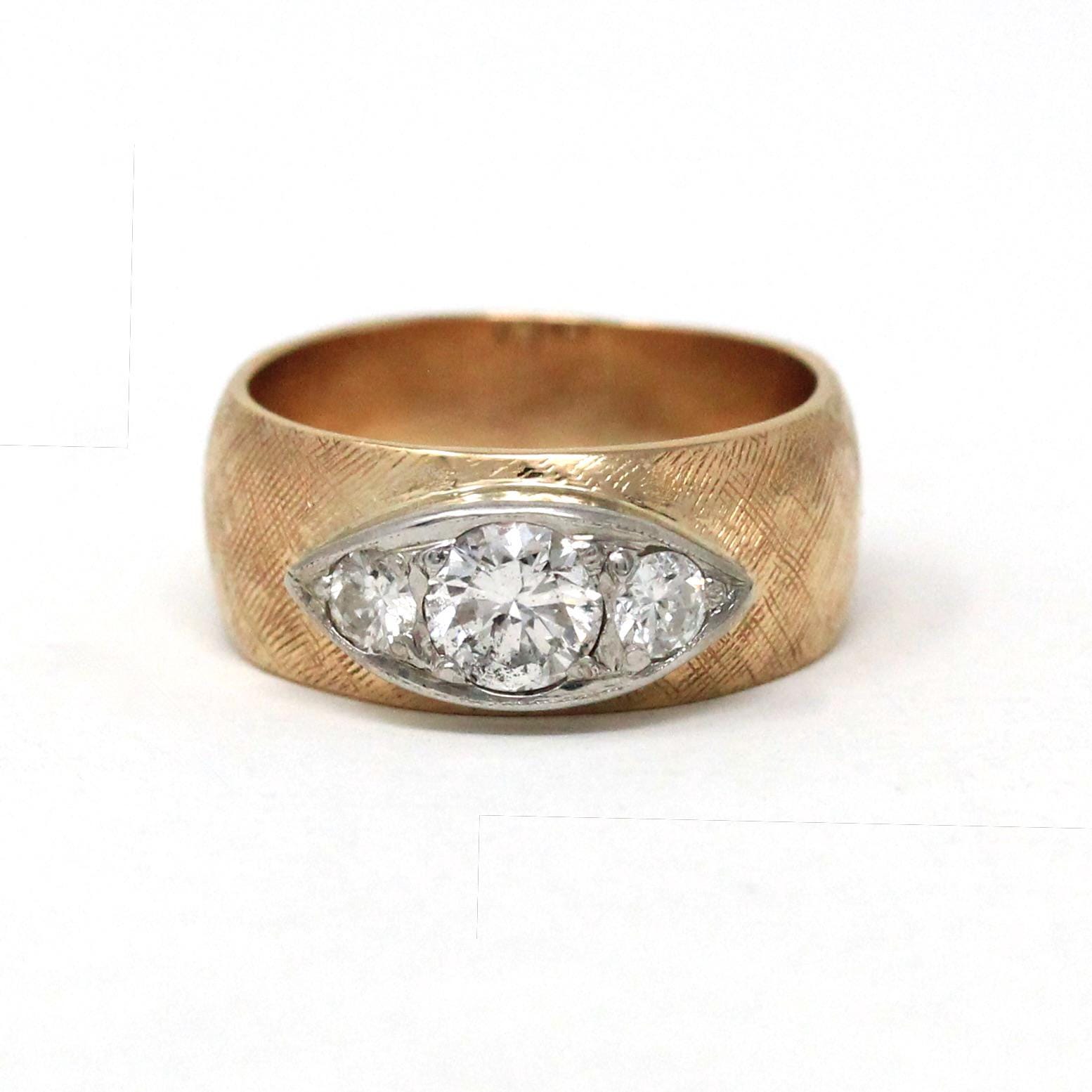 Retro Diamond Ring - Vintage 14k Rosy Yellow & White Gold .70 CTW Gemstones - Circa 1970s Era Size 5 1/2 Textured Fine Statement Jewelry