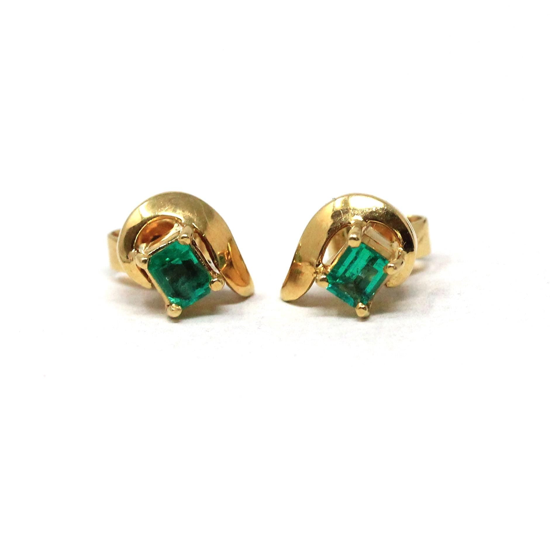 Emerald Stud Earrings - Modern 18k Yellow Gold Natural Emerald Cut Gemstone Pierced Swirl - Estate Circa 1990's Fine May Birthstone Jewelry