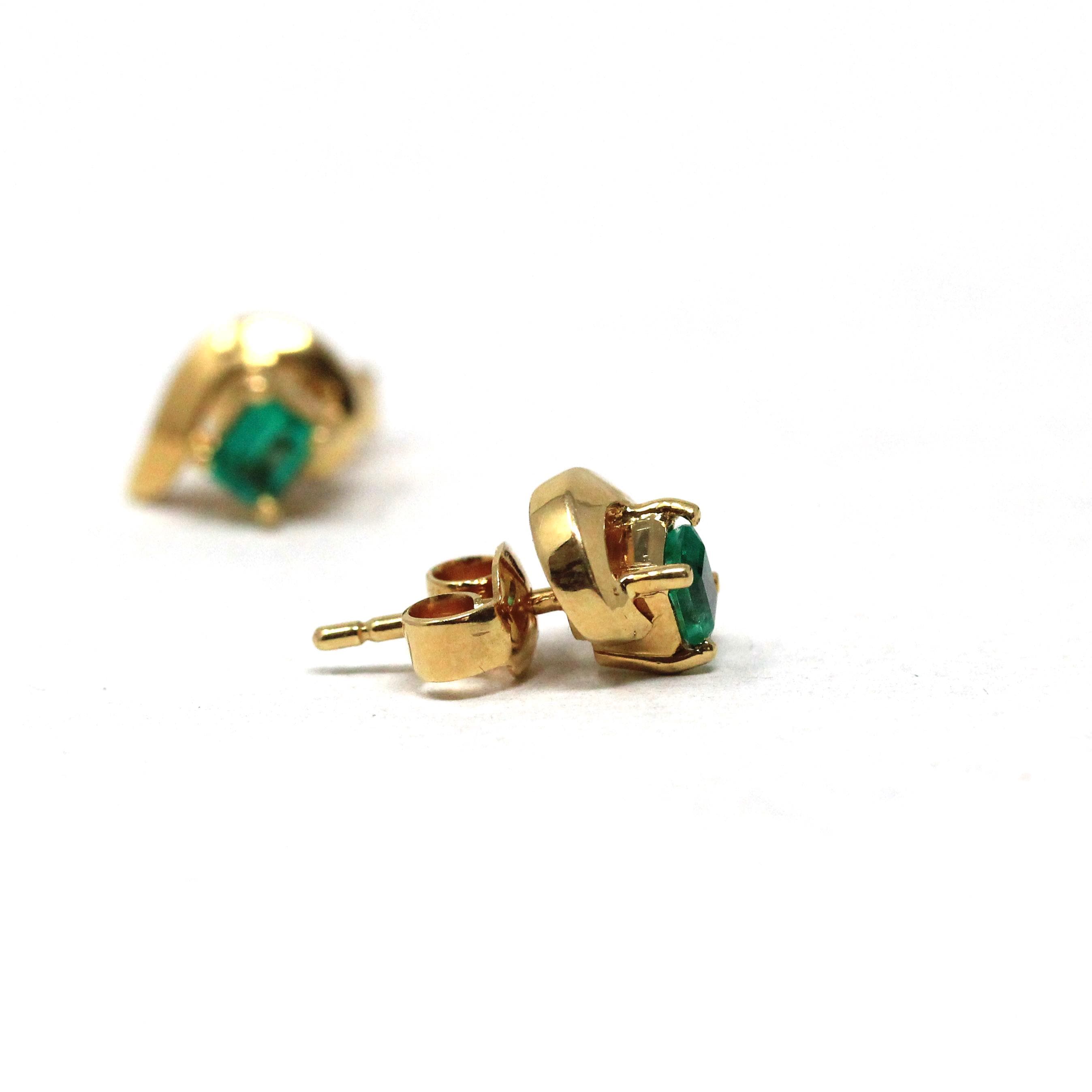 Emerald Stud Earrings - Modern 18k Yellow Gold Natural Emerald Cut Gemstone Pierced Swirl - Estate Circa 1990's Fine May Birthstone Jewelry