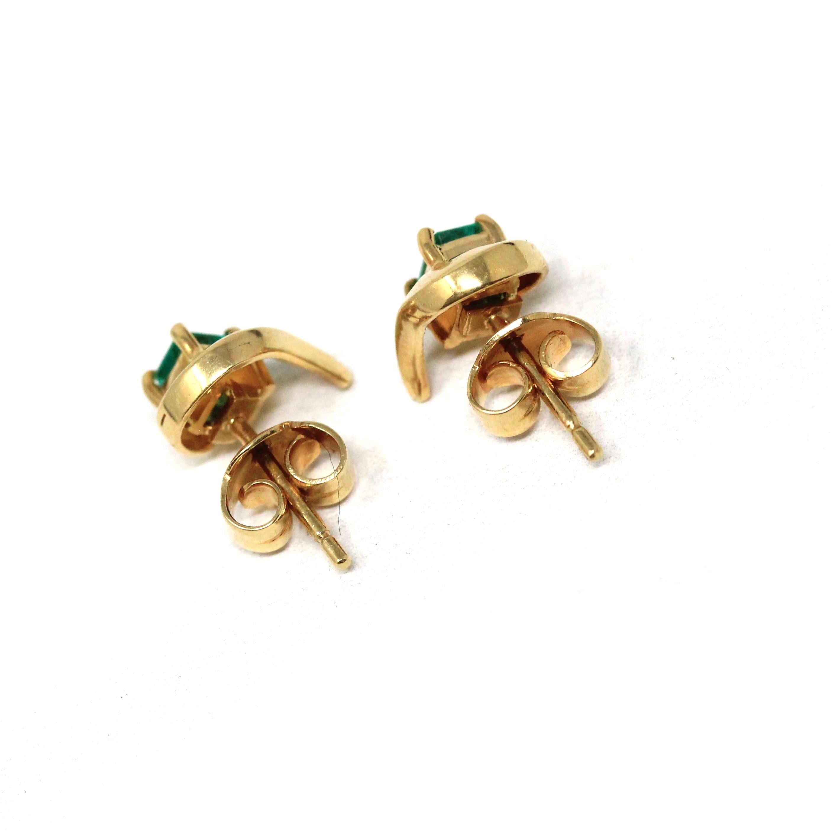 Emerald Stud Earrings - Modern 18k Yellow Gold Natural Emerald Cut Gemstone Pierced Swirl - Estate Circa 1990's Fine May Birthstone Jewelry