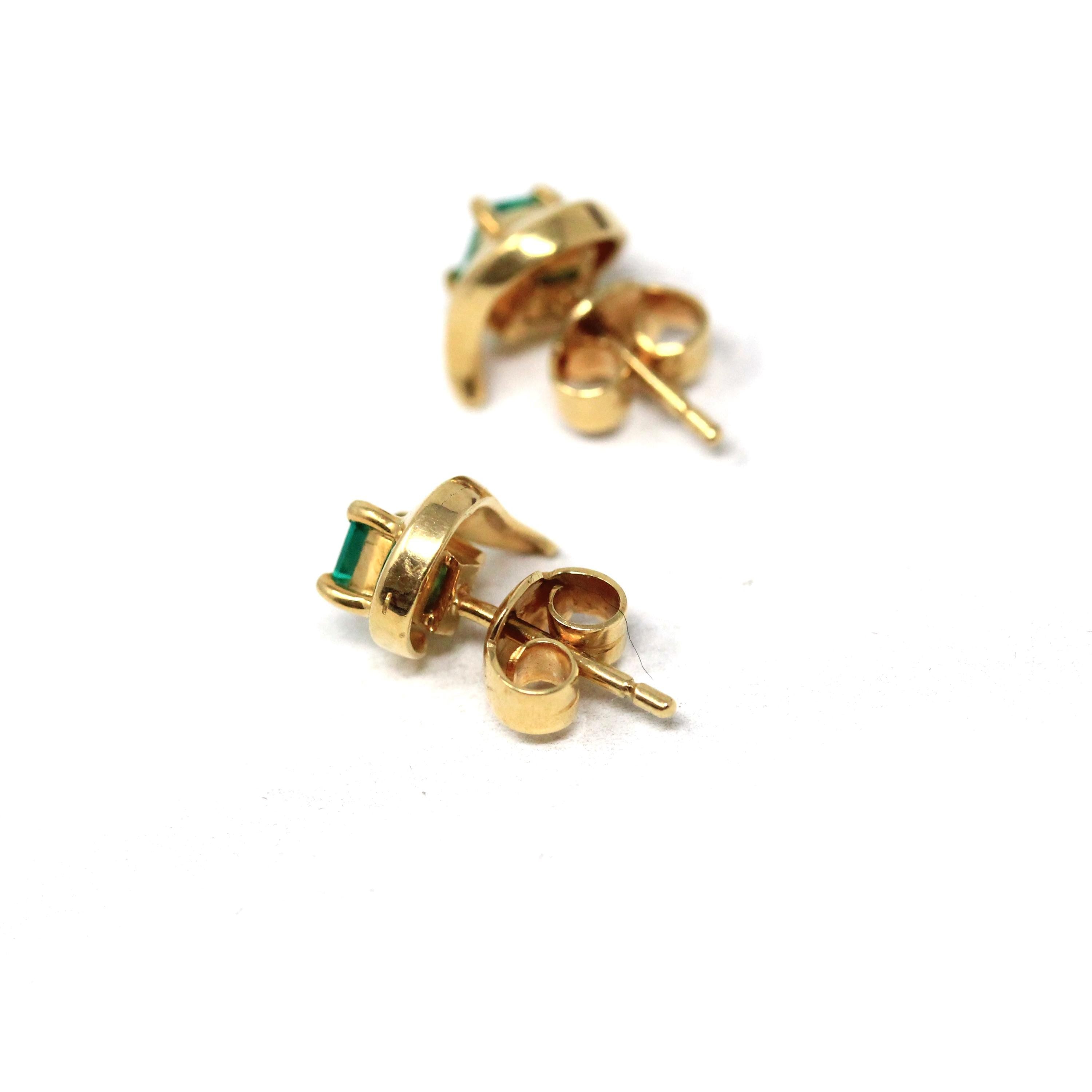 Emerald Stud Earrings - Modern 18k Yellow Gold Natural Emerald Cut Gemstone Pierced Swirl - Estate Circa 1990's Fine May Birthstone Jewelry