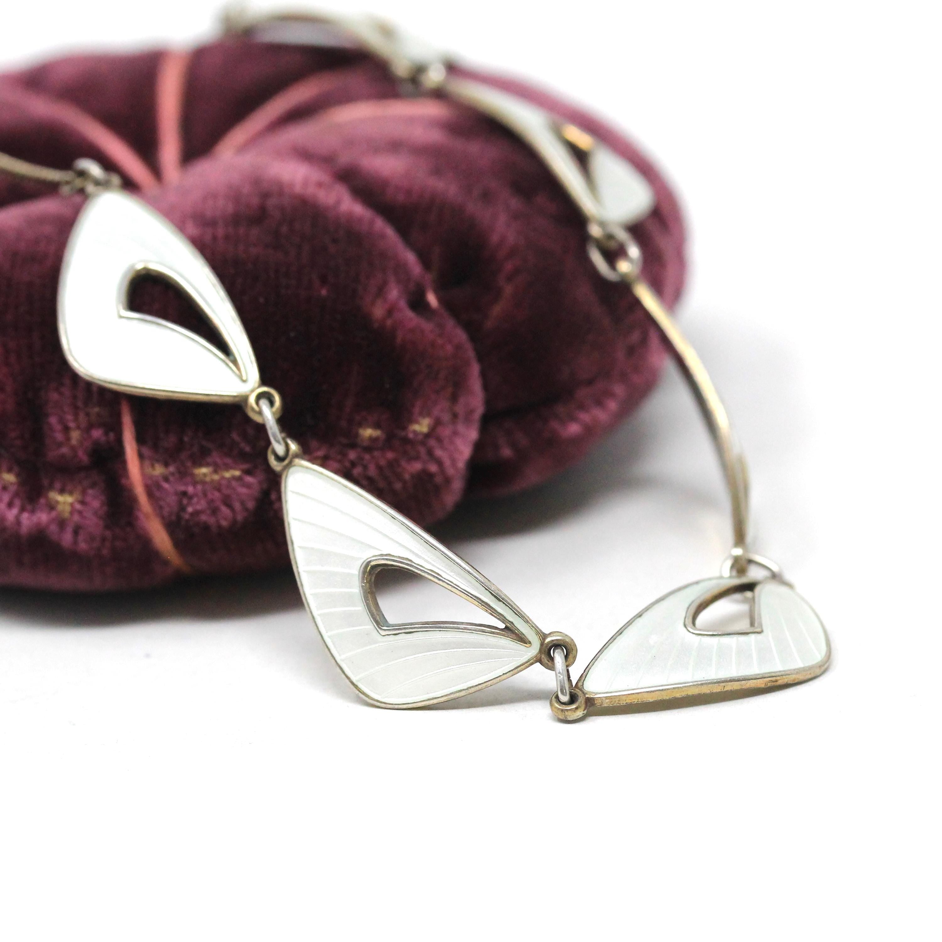 Vintage Enamel Necklace - Mid Century Sterling Silver White Enamel Wing Link Chain - Circa 1950s Era Norwegian Guilloche Fashion Jewelry