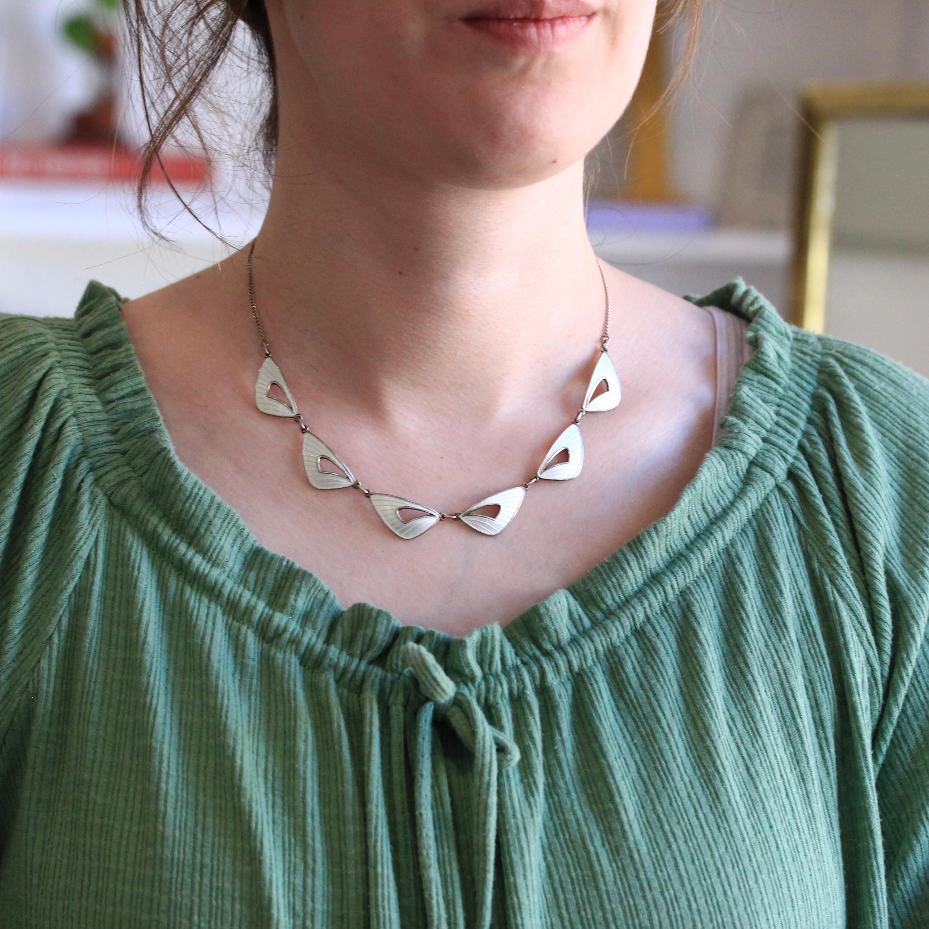 Vintage Enamel Necklace - Mid Century Sterling Silver White Enamel Wing Link Chain - Circa 1950s Era Norwegian Guilloche Fashion Jewelry