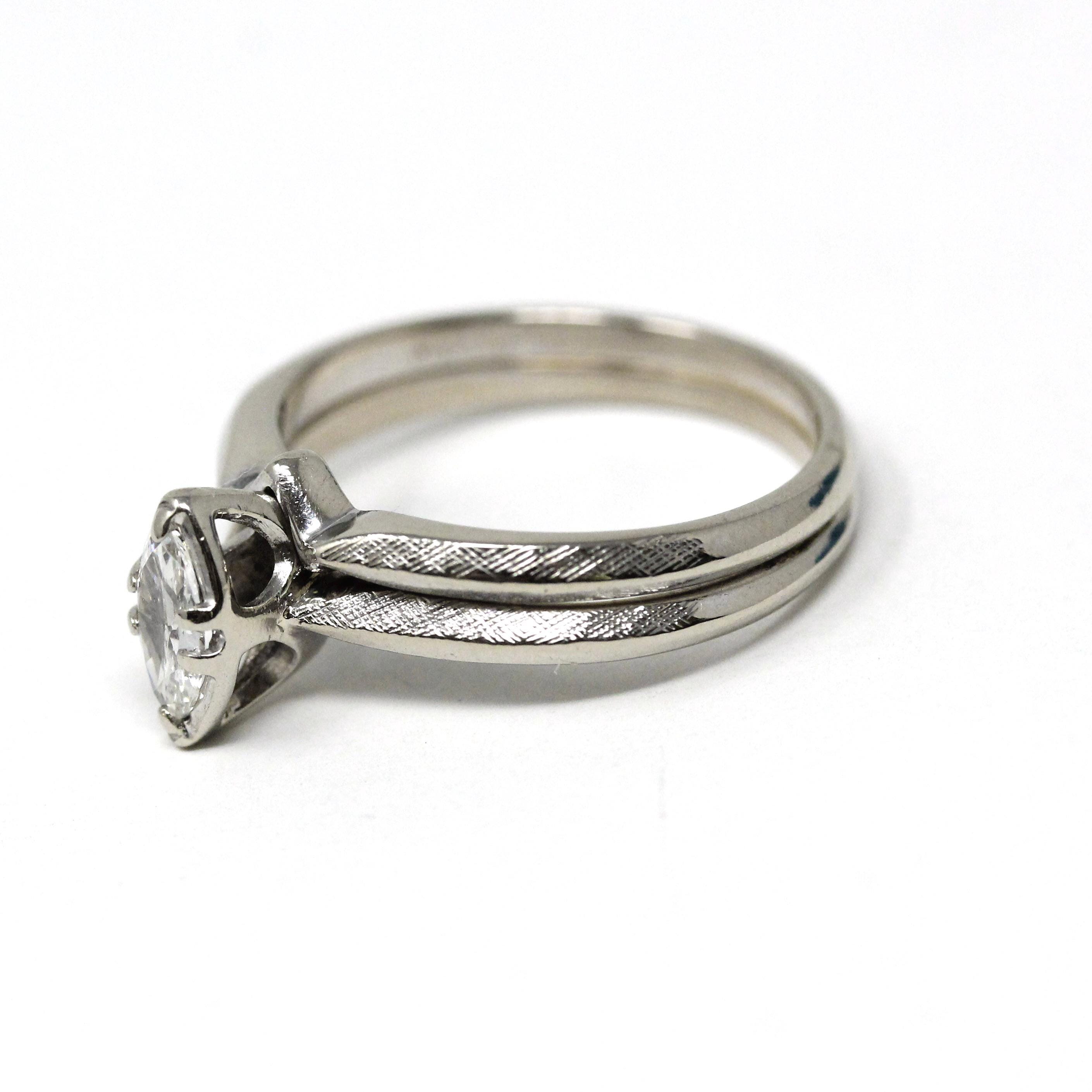 Vintage Wedding Set - Mid Century 14k White Gold Natural Marquise Diamond Engagement Soldered Rings - Circa 1960s Size 5 1/2 Fine Jewelry