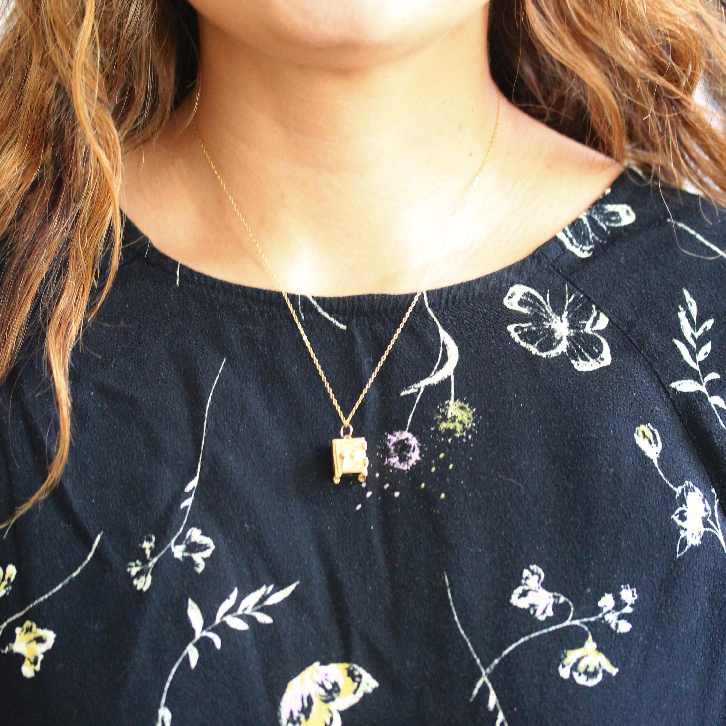 Vintage Money Safe Charm - Mid Century 14k Yellow Gold Pendant Vault Necklace - Vintage Circa 1950s Era Dollar Bill Locket Fine 50s Jewelry