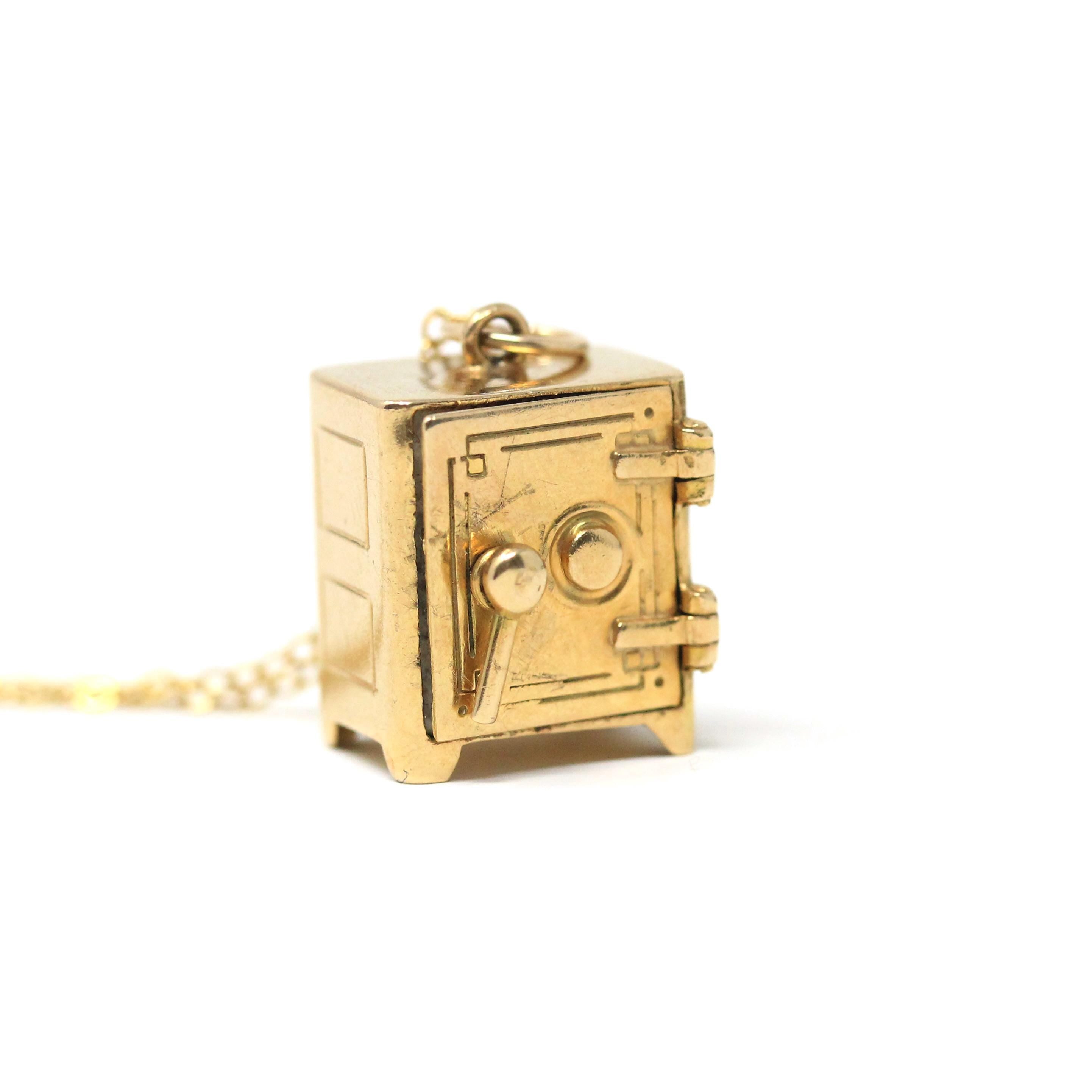 Vintage Money Safe Charm - Mid Century 14k Yellow Gold Pendant Vault Necklace - Vintage Circa 1950s Era Dollar Bill Locket Fine 50s Jewelry