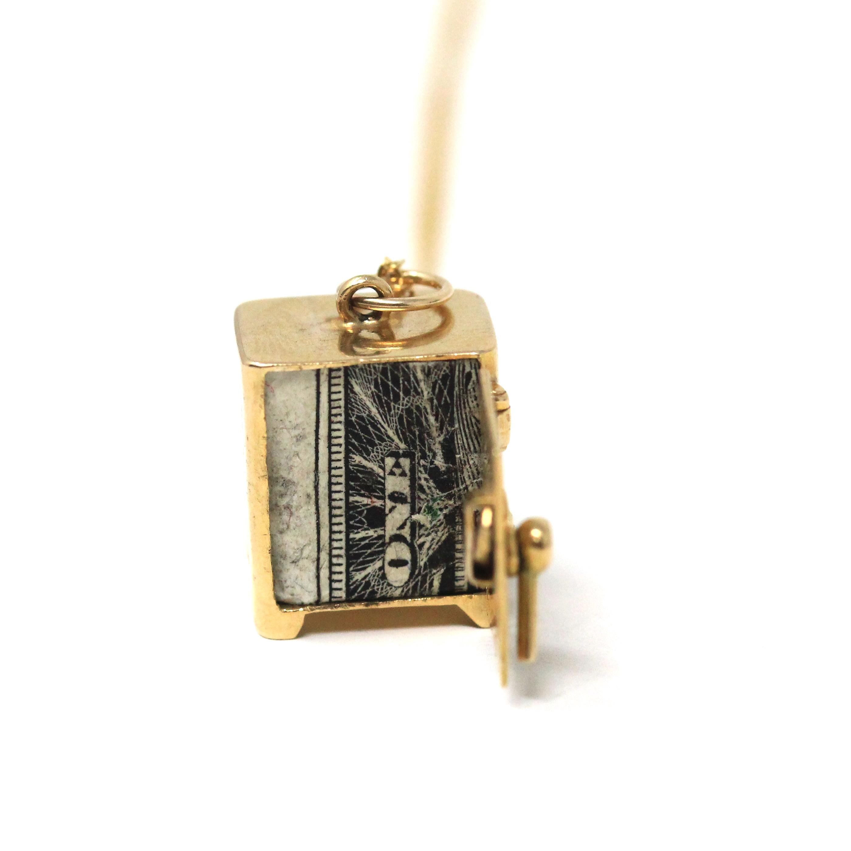 Vintage Money Safe Charm - Mid Century 14k Yellow Gold Pendant Vault Necklace - Vintage Circa 1950s Era Dollar Bill Locket Fine 50s Jewelry